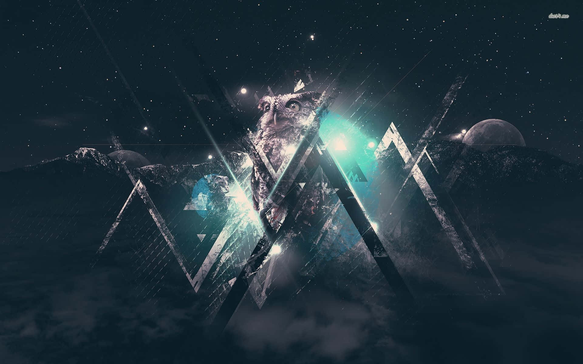 在繁星點點的太空場景中，一隻神秘的貓頭鷹被發光的幾何形狀包圍。