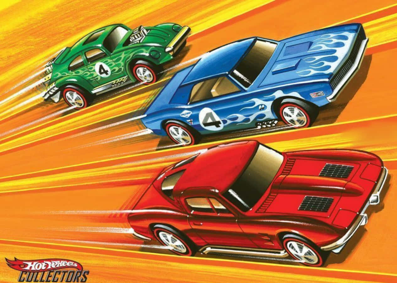 三輛復古Hot Wheels汽車在火焰橙色賽道上行駛。