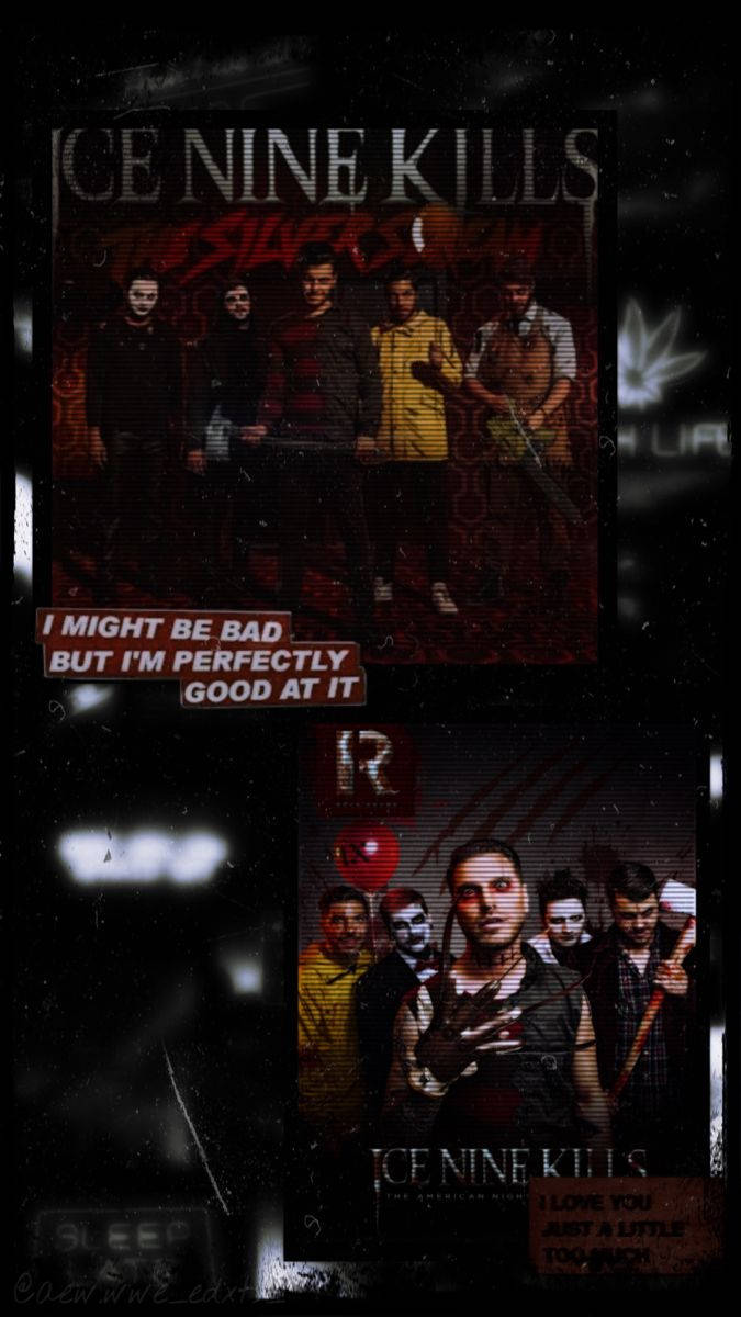 Ice Nine Kills 樂隊成員穿著深色服裝，戴著面具，在紋理背景上配有紅色文字。