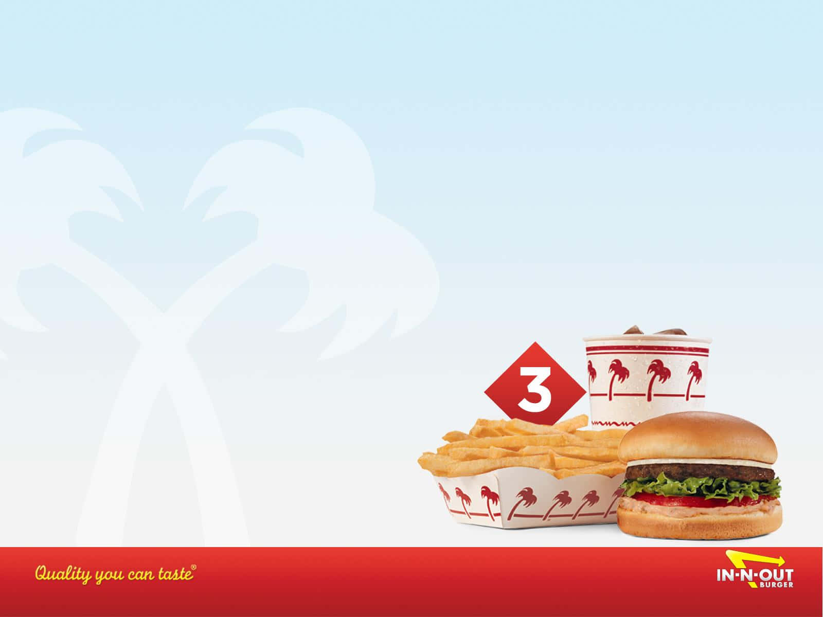 In-N-Out Burger 餐點，包括漢堡、薯條和飲料，置於淺藍色背景上，帶有棕櫚樹剪影。