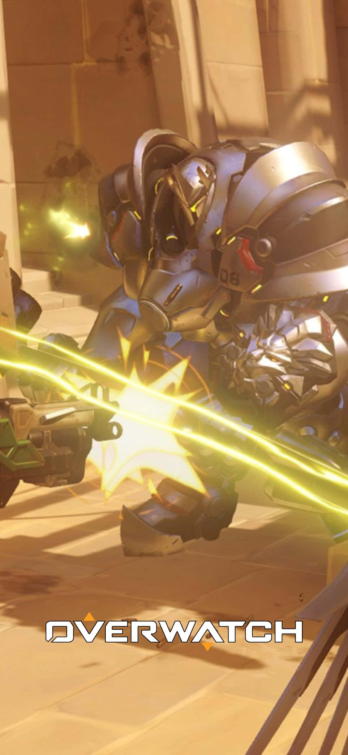 與 iPhone X 一同加入戰鬥 — Overwatch 壁紙 — 一名重裝甲的《鬥陣特攻》英雄在陽光照耀的石頭走廊中發射發光的黃色能量衝擊波。