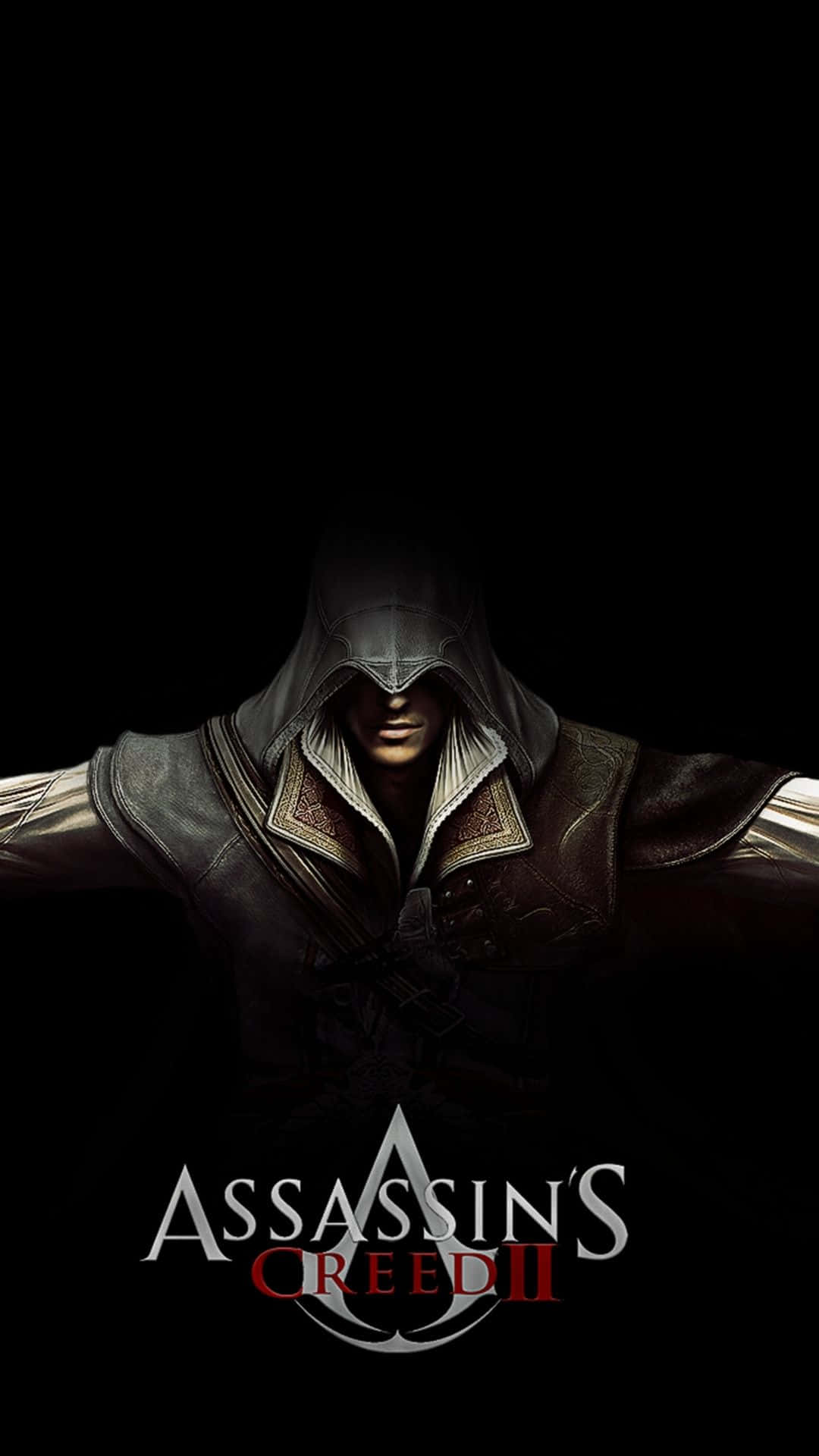 Assassin's Creed II 標誌，戴兜帽刺客在深色背景中