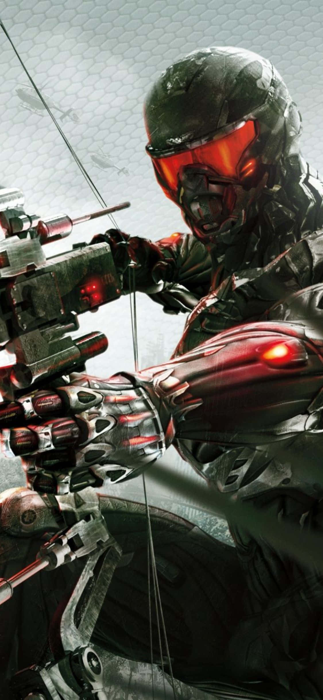 與 iPhone X 一起潛入 Crysis 3 的精彩世界 壁紙 — 一名身穿暗色盔甲、配備發光紅色面罩和護手的未來戰士，正以高科技弓箭瞄準灰色六邊形背景。