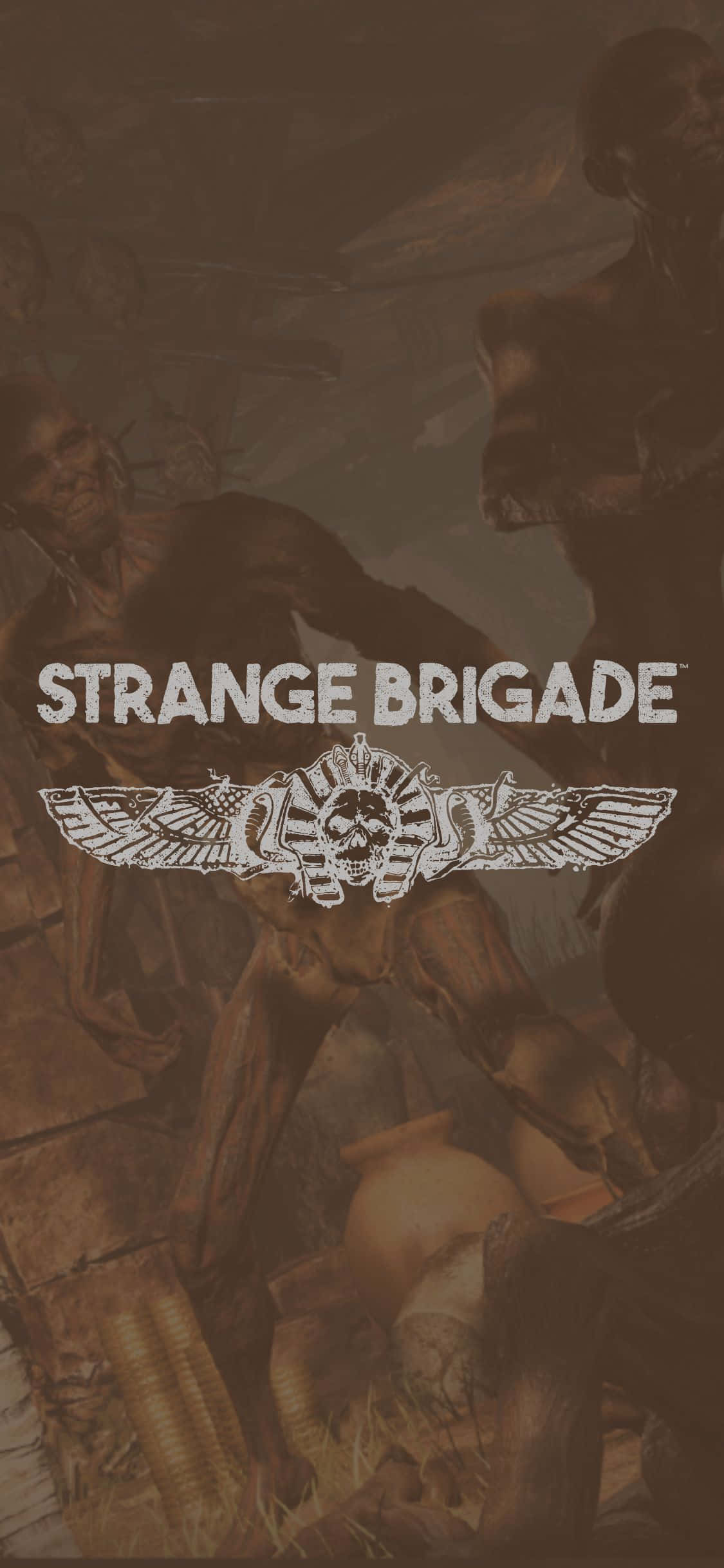 與 iPhone X 和 Strange Brigade 一同踏上冒險之旅 壁紙 — 一幅以深褐色調繪製的插圖，描繪身穿古代盔甲的肌肉戰士，帶有骷髏標誌和「STRANGE BRIGADE」文字。