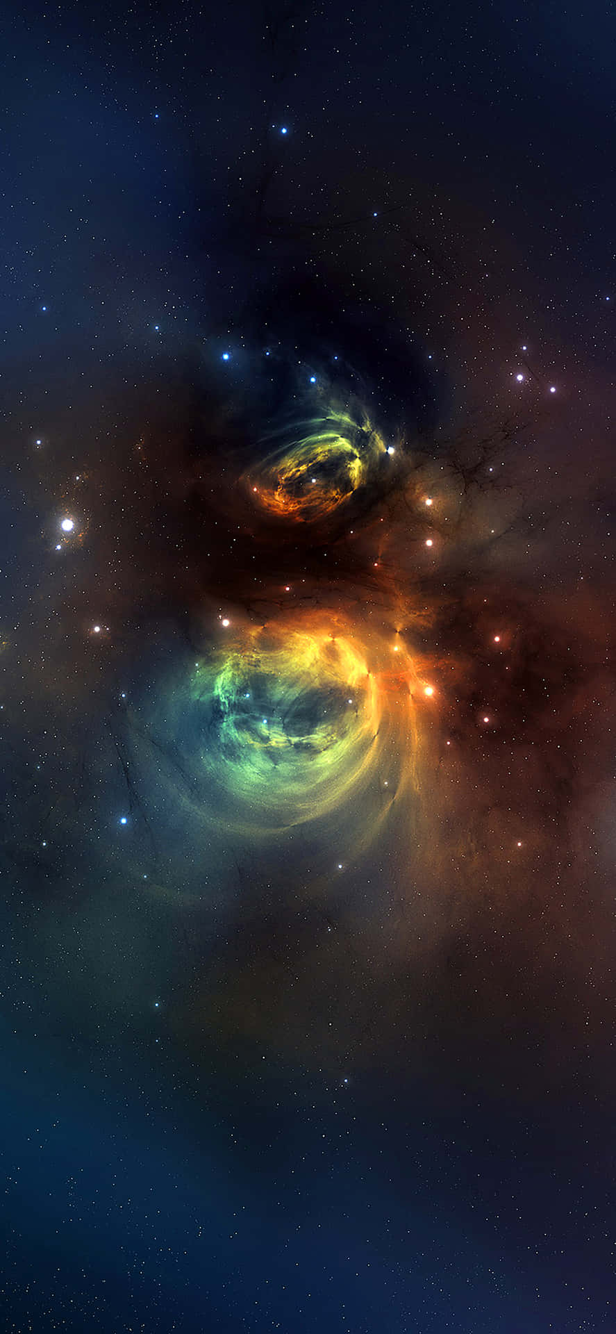 色彩繽紛的旋轉星雲在深空中發光，散落著星星