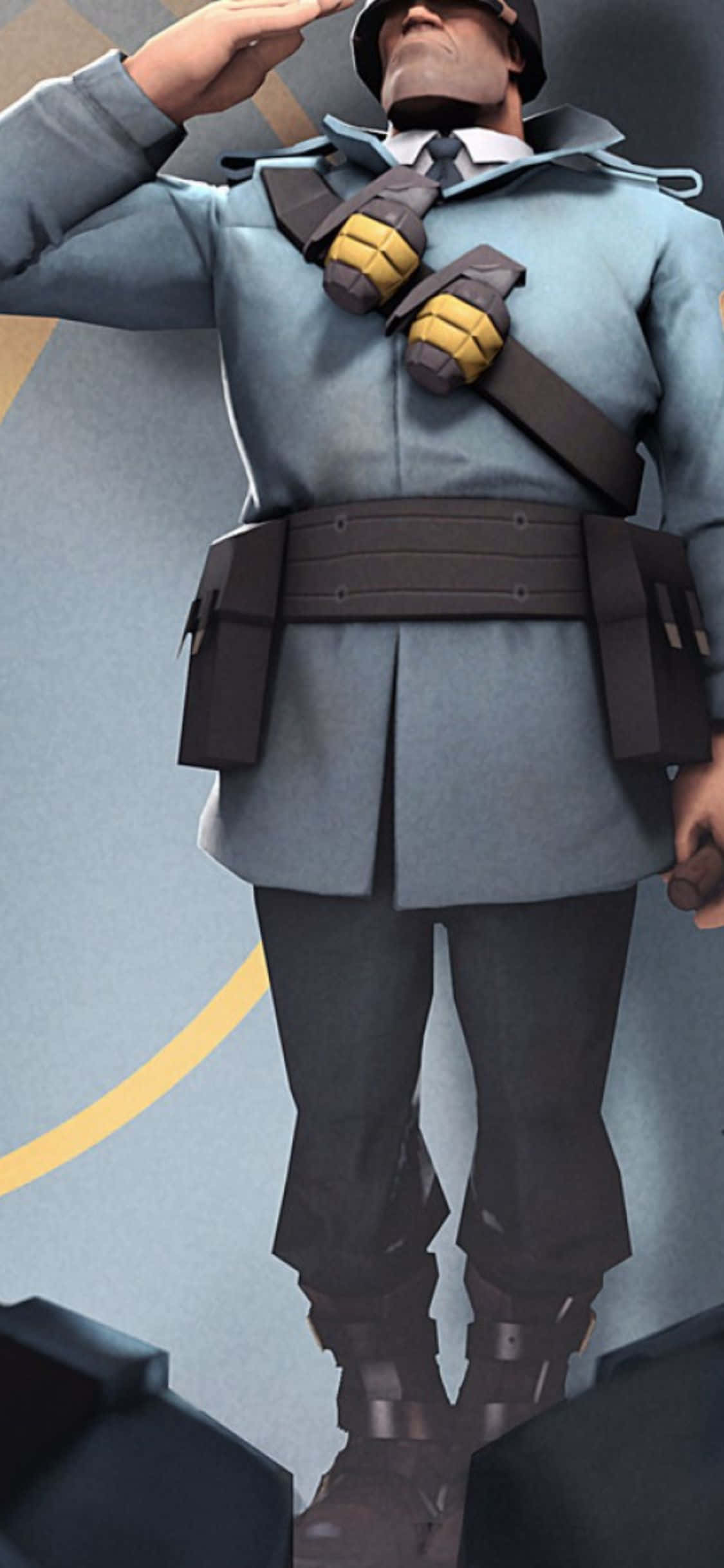 與 iPhone XS 一起加入 Team Fortress 2 社群 壁紙 — 一名身穿淺藍色制服、戴著手套的風格化士兵在敬禮，腰間繫著皮帶，手持手榴彈。