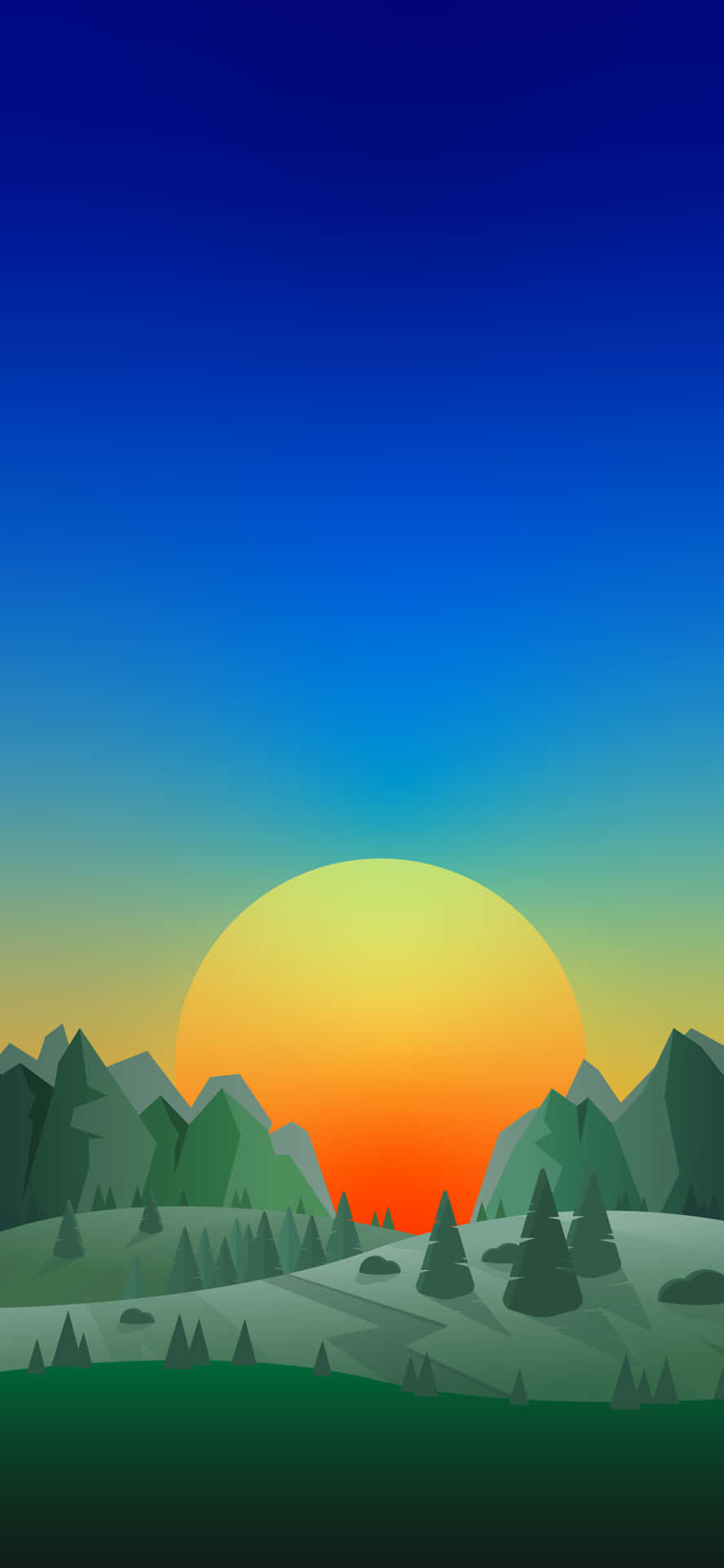 日落山脈，漸變天空和松樹。