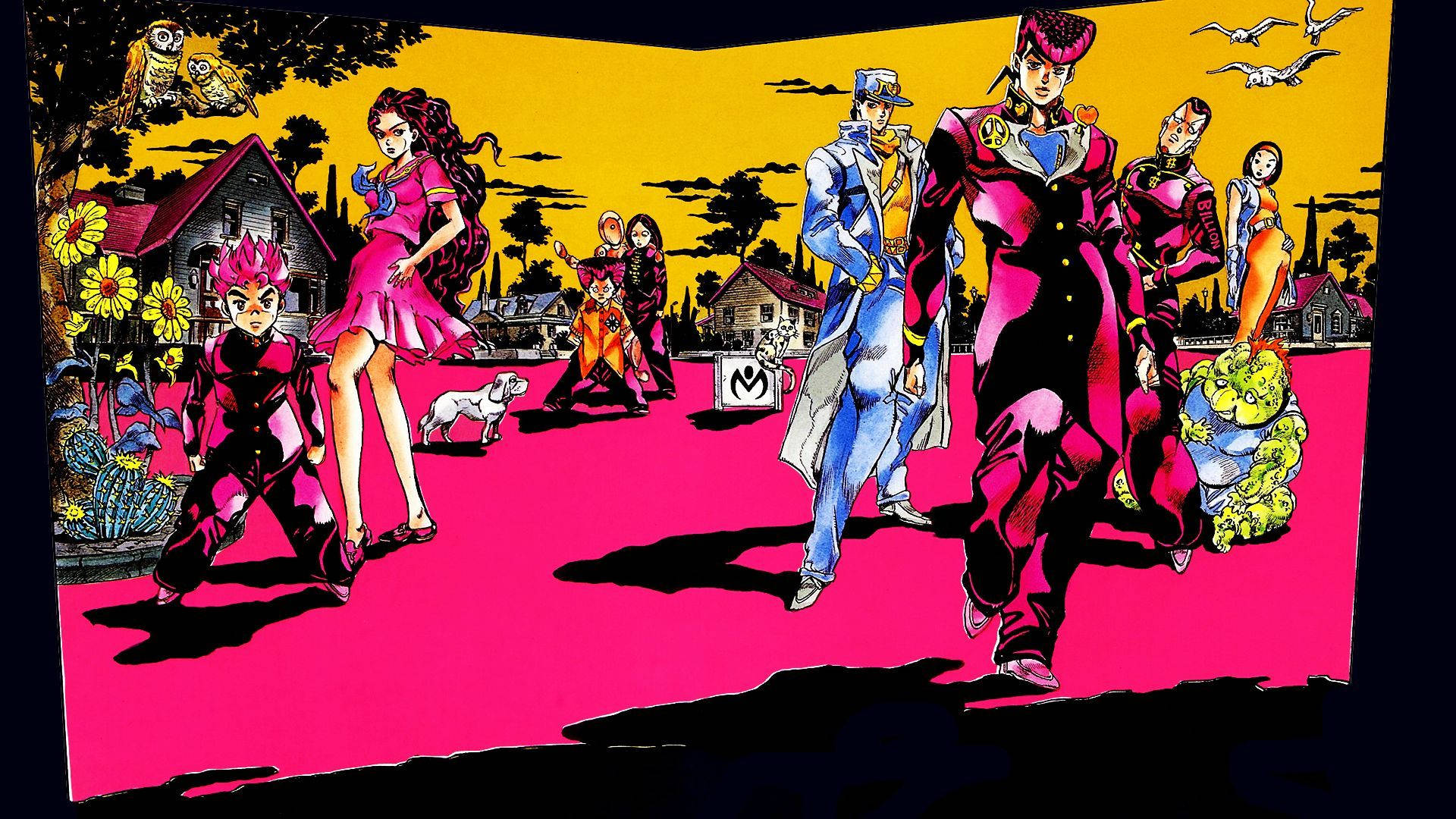 與《JoJo》共赴神秘未來 壁紙 — 充滿活力的動漫角色自信地走過一條超現實的粉紅色街道，頭頂是鮮黃色的天空，點綴著風格化的房屋和鳥兒。