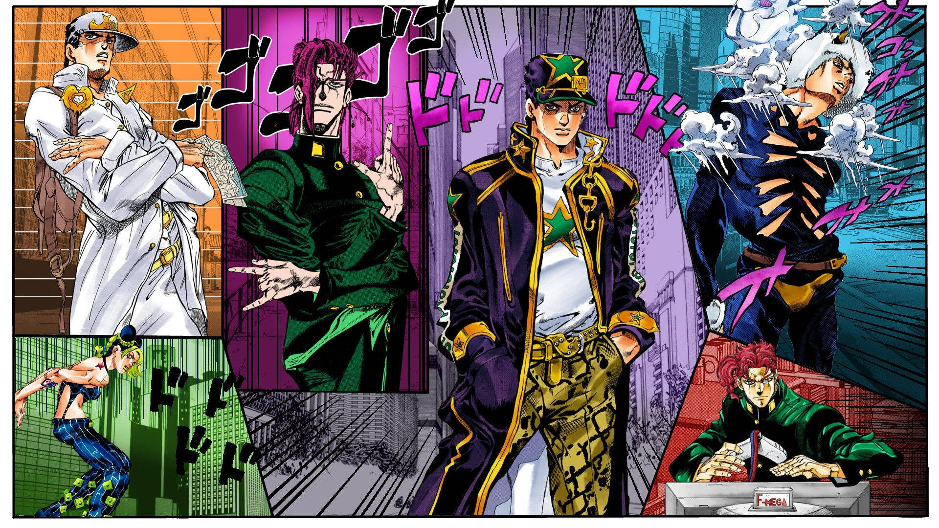 與《JoJo的奇妙冒險》共度冒險 壁紙 — 充滿活力的動漫角色，以動態姿勢呈現，搭配大膽色彩和漫畫音效。