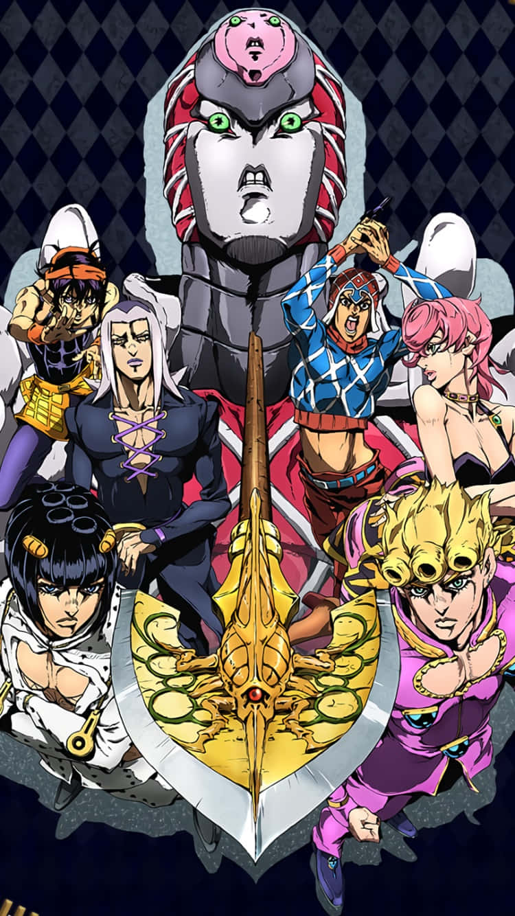 與《JoJo的奇妙冒險》英雄們一同挺立向前 壁紙 — 一幅動態動漫插圖，七個風格化的角色圍繞著一把金色劍，背景有一個威脅性的巨大頭顱。