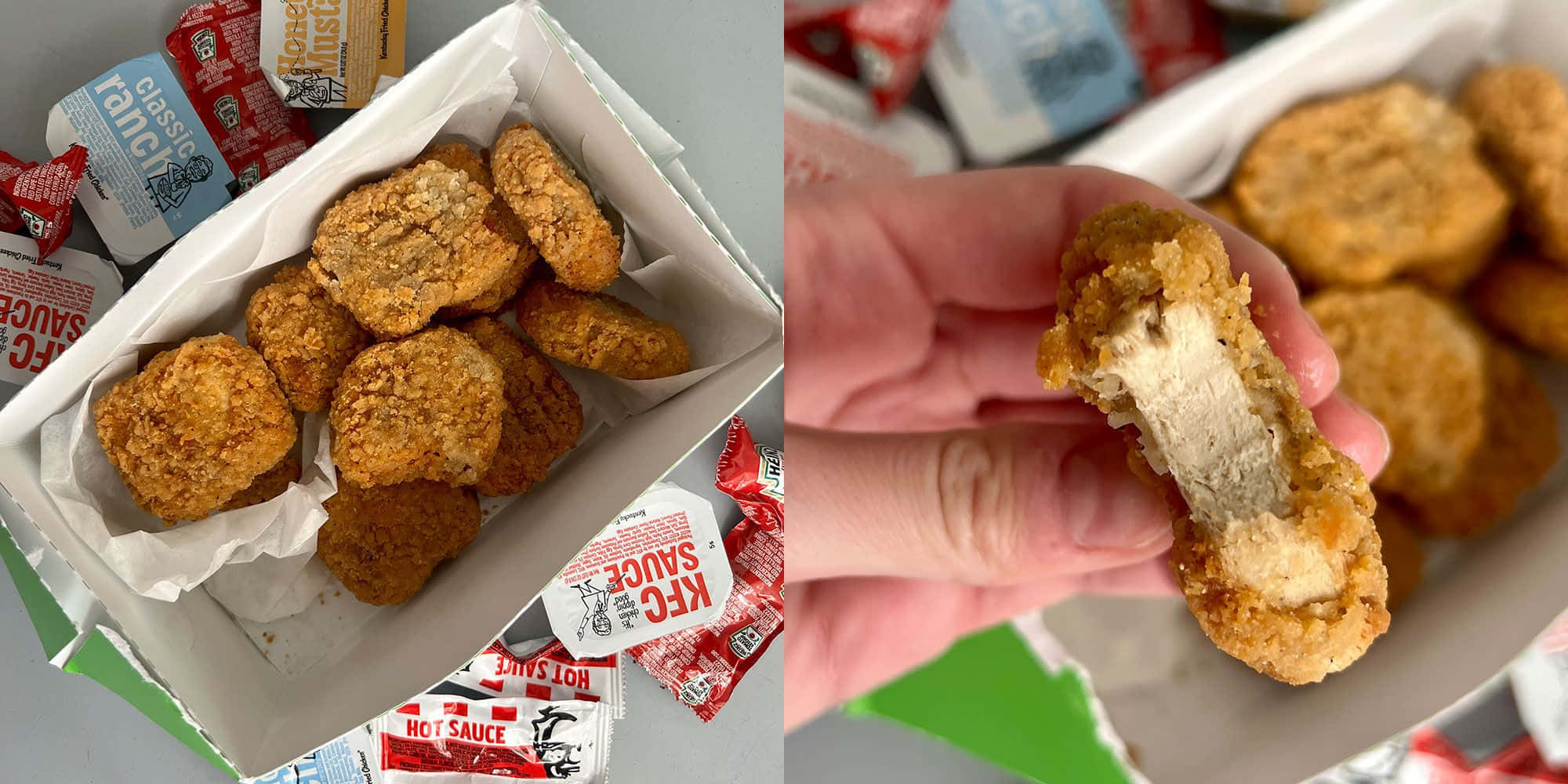 手拿著一個被咬過的雞塊，旁邊有醬料包。