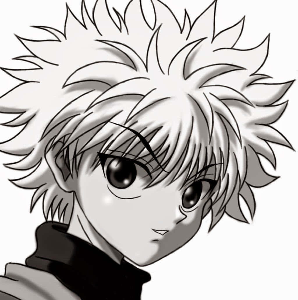 與 Killua 一同創造你的冒險 壁紙 — 一幅黑白動畫肖像，描繪一個頭髮尖刺、眼神銳利、表情嚴肅的角色。