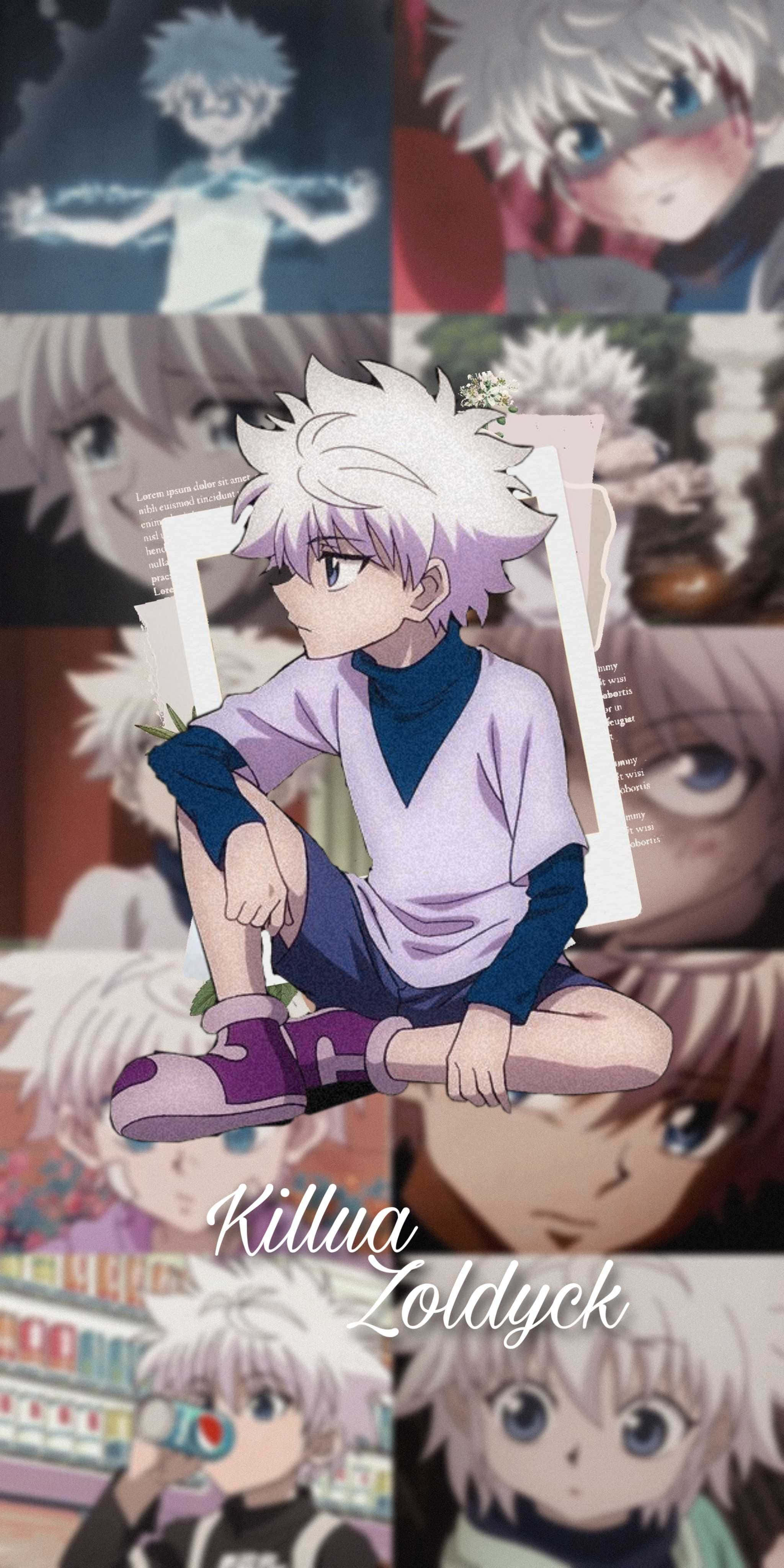 與 Killua 一同感受冒險的快感 壁紙 — 動漫角色奇犽·揍敵客盤腿坐在一個由他表情豐富的面部特寫和動作場景組成的拼貼畫中。