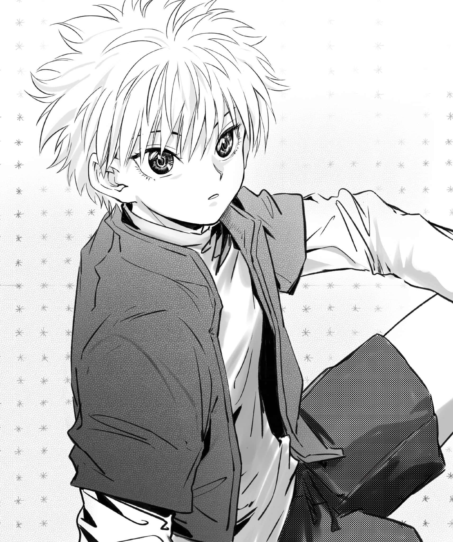 與 Killua 一同踏上冒險 壁紙 — 一個黑白動漫男孩，有著刺蝟頭和銳利的眼神，靠在一面星星圖案的牆上。