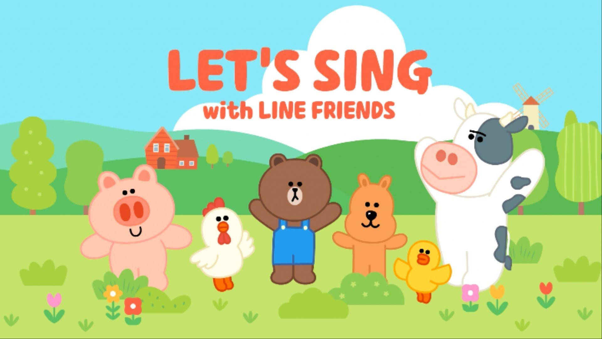 LINE FRIENDS 卡通角色在農場一起唱歌，背景有房屋和風車。