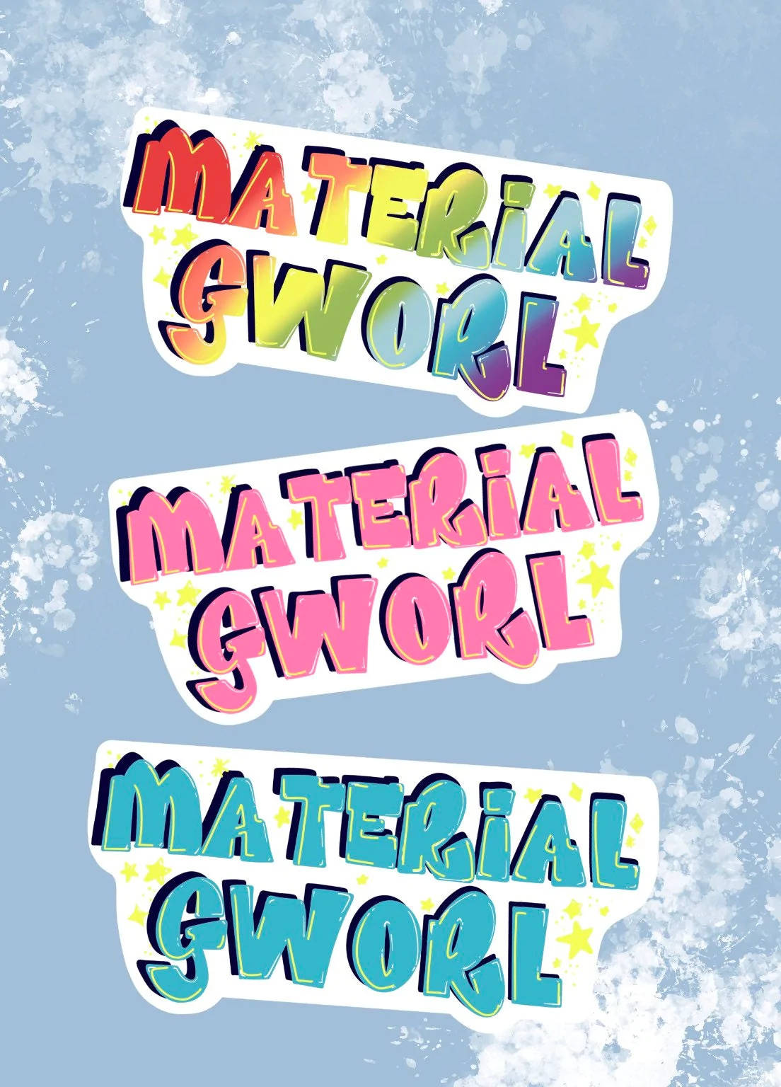 三個色彩繽紛的「Material Sworl」文字貼紙，在紋理藍色背景上帶有星爆效果。