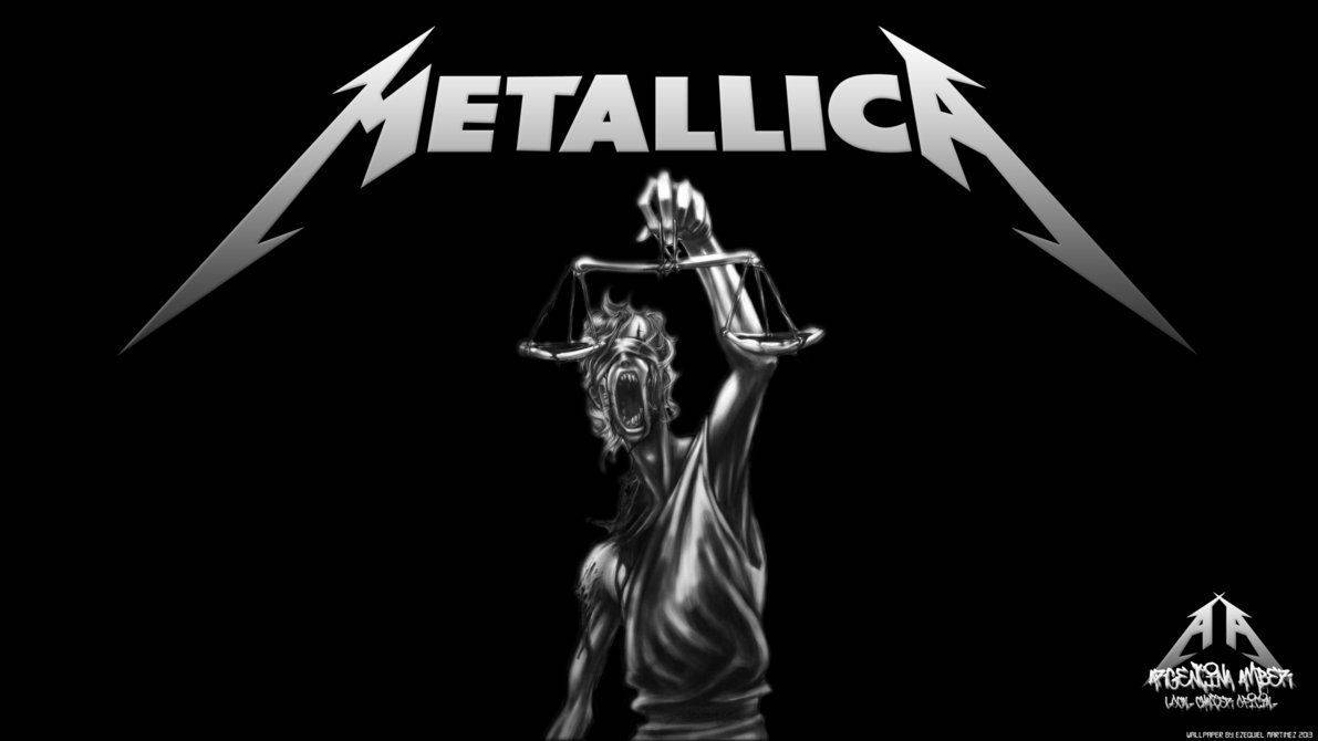 Metallica樂隊標誌與正義女神雕像手持天秤和獅頭。