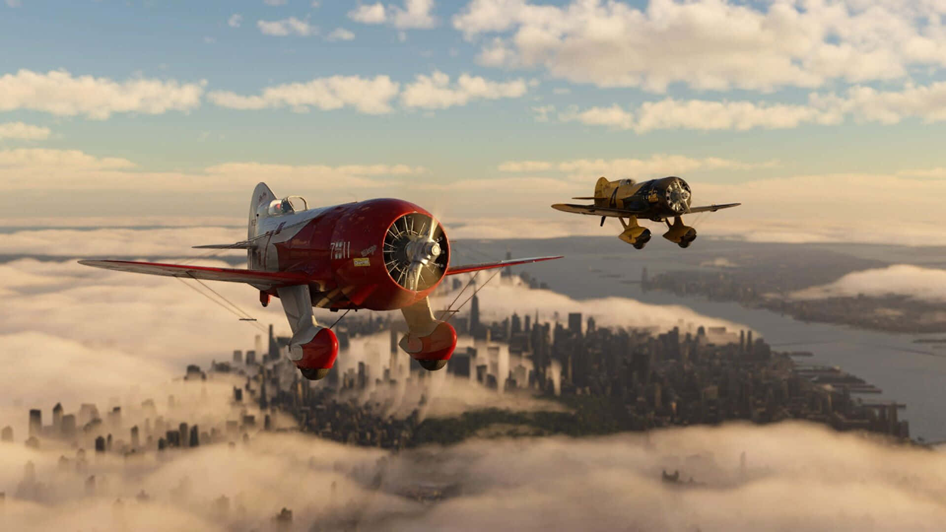 與 Microsoft Flight Simulator 一同翱翔天際 壁紙 — 兩架復古戰鬥機在黃金時刻翱翔於雲層中的城市上空。