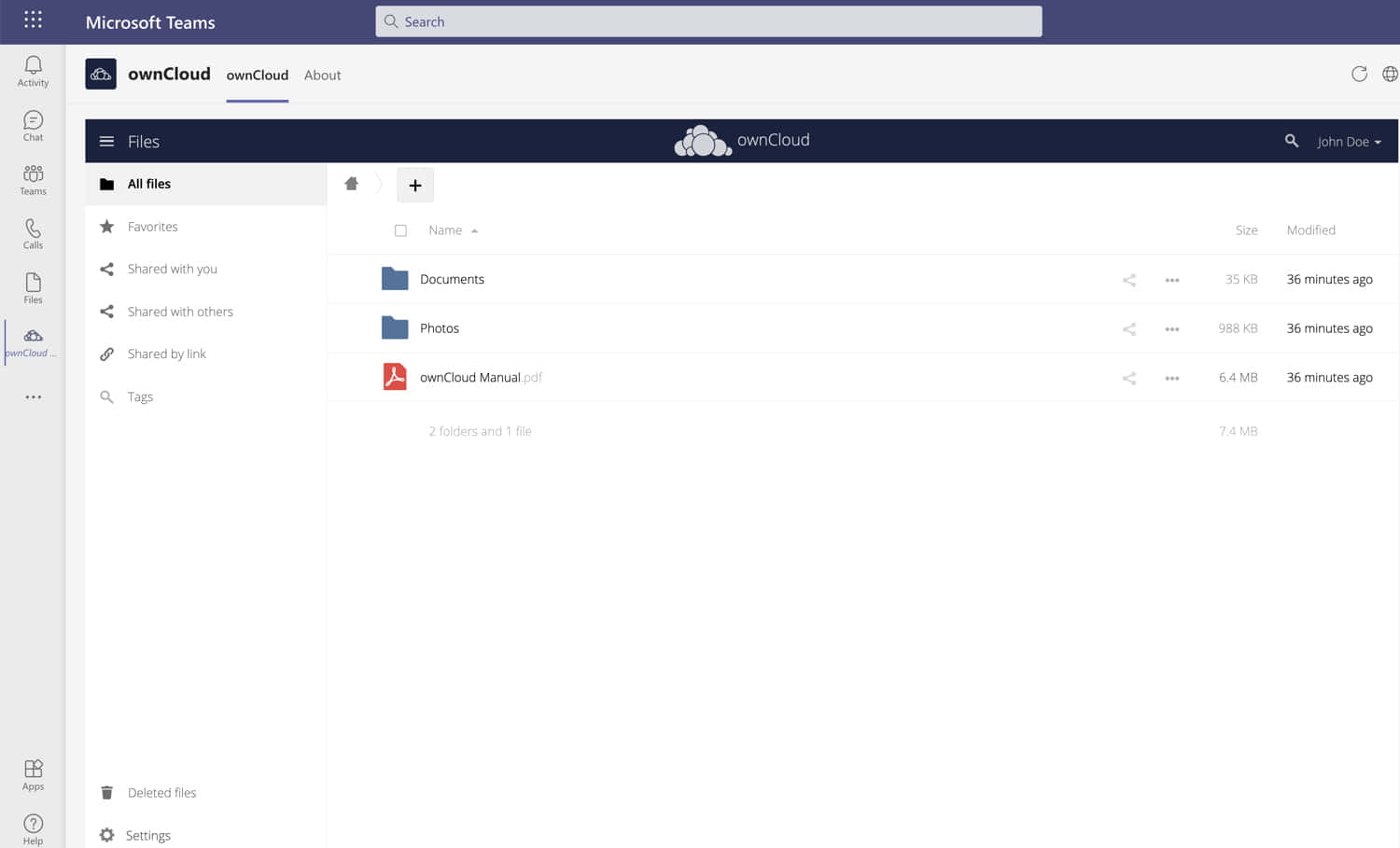 Microsoft Teams 視窗顯示 ownCloud 檔案儲存，包含資料夾和一個 PDF 文件。