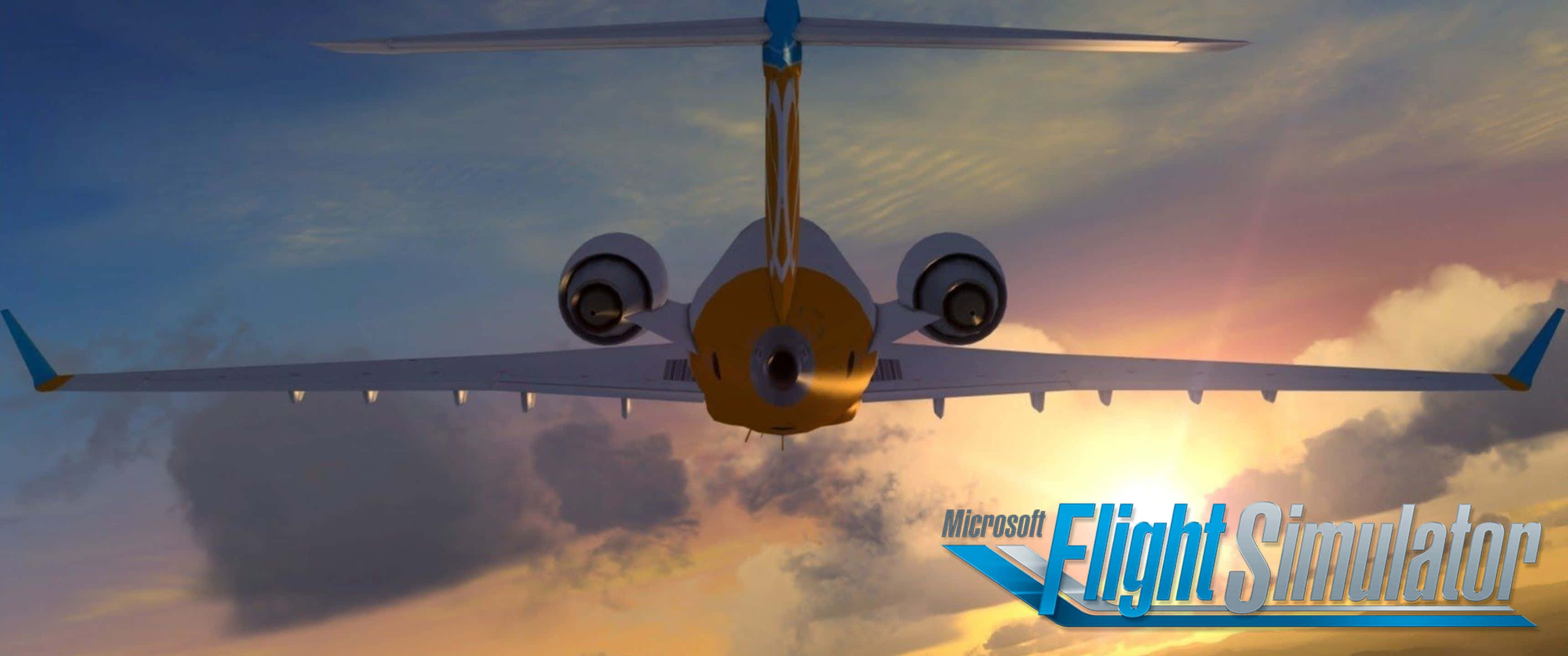 與 Microsoft 飛行模擬器一同飛向天空 壁紙 — 一架私人飛機在色彩繽紛的日落天空中翱翔，雲朵被溫暖的色調照亮。