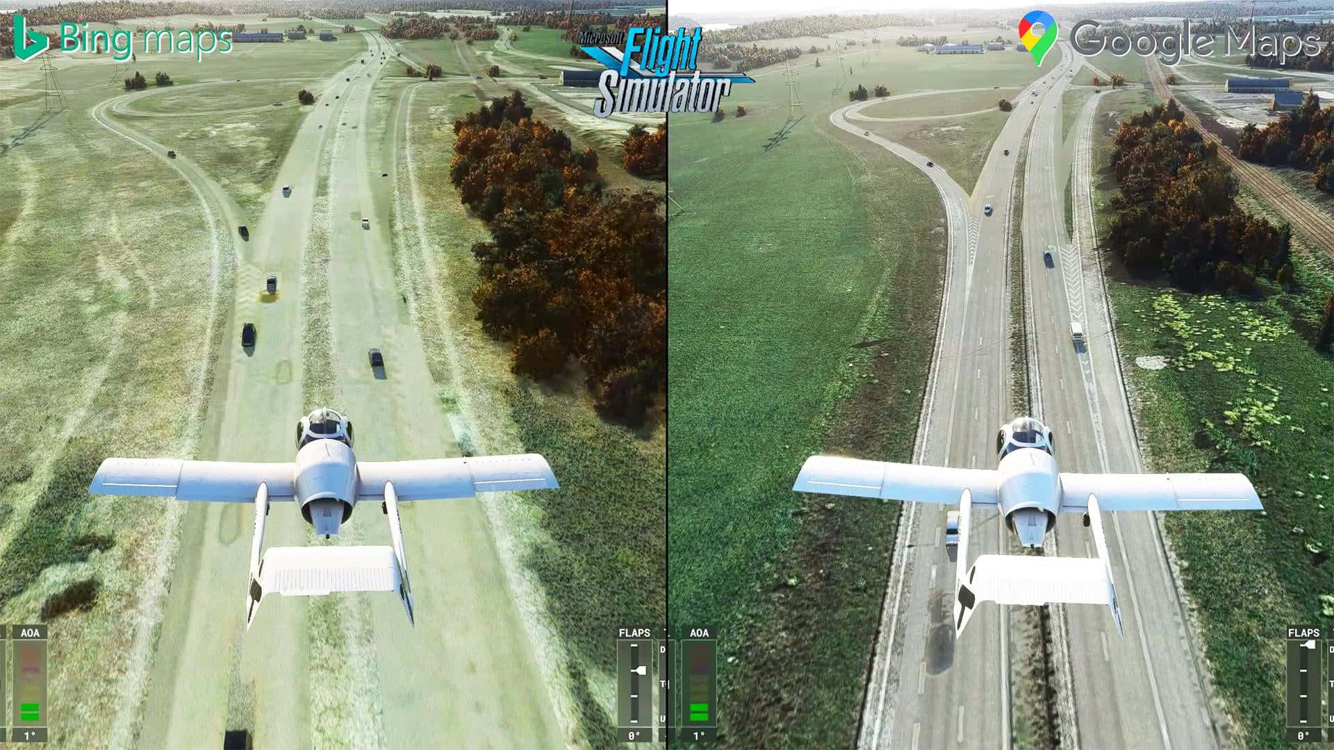 與 Microsoft 飛行模擬器一同飛越雲層 壁紙 — 一架小型白色飛機在飛行模擬器分割畫面中低飛過高速公路和帶有秋樹的綠色田野。