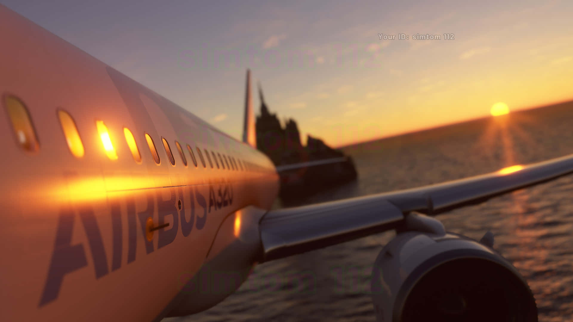 與 Microsoft 飛行模擬器一同踏上終極冒險！ 壁紙 — 一架空中巴士A320飛機在日落時分停在水面上，機艙燈光閃爍，溫暖的橙色天空。
