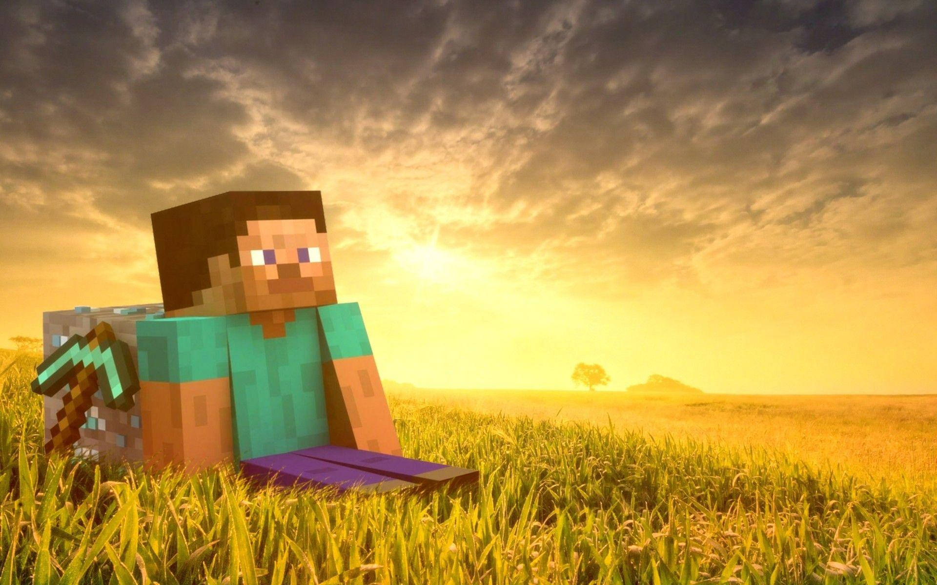 Minecraft角色坐在草地上，夕陽下手持鑽石劍。 — 我的世界 壁紙