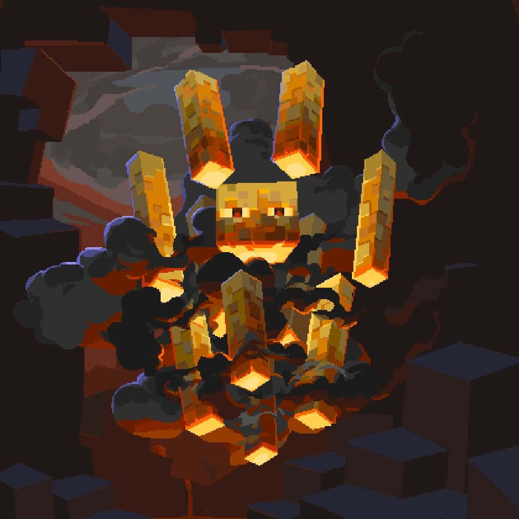 與《Minecraft》角色一起創造無限樂趣！ 壁紙 — 一隻像素化的金色兔子，擁有發光的眼睛和火焰般的四肢，從黑暗的煙霧中出現在方塊狀的數位景觀中。