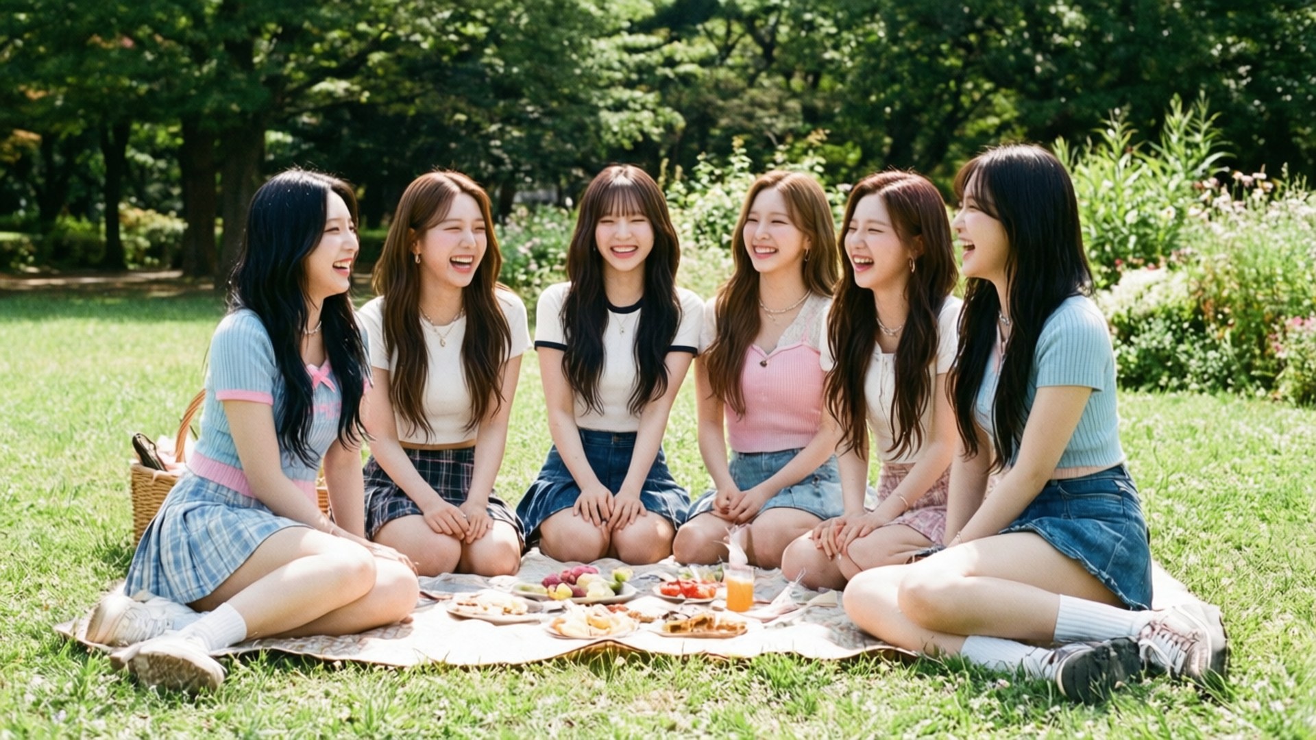 與 Momoland 的陽光野餐 壁紙 — 六位年輕女性在陽光明媚的草地上一起歡笑，享受愉快的野餐，面前擺滿了食物。