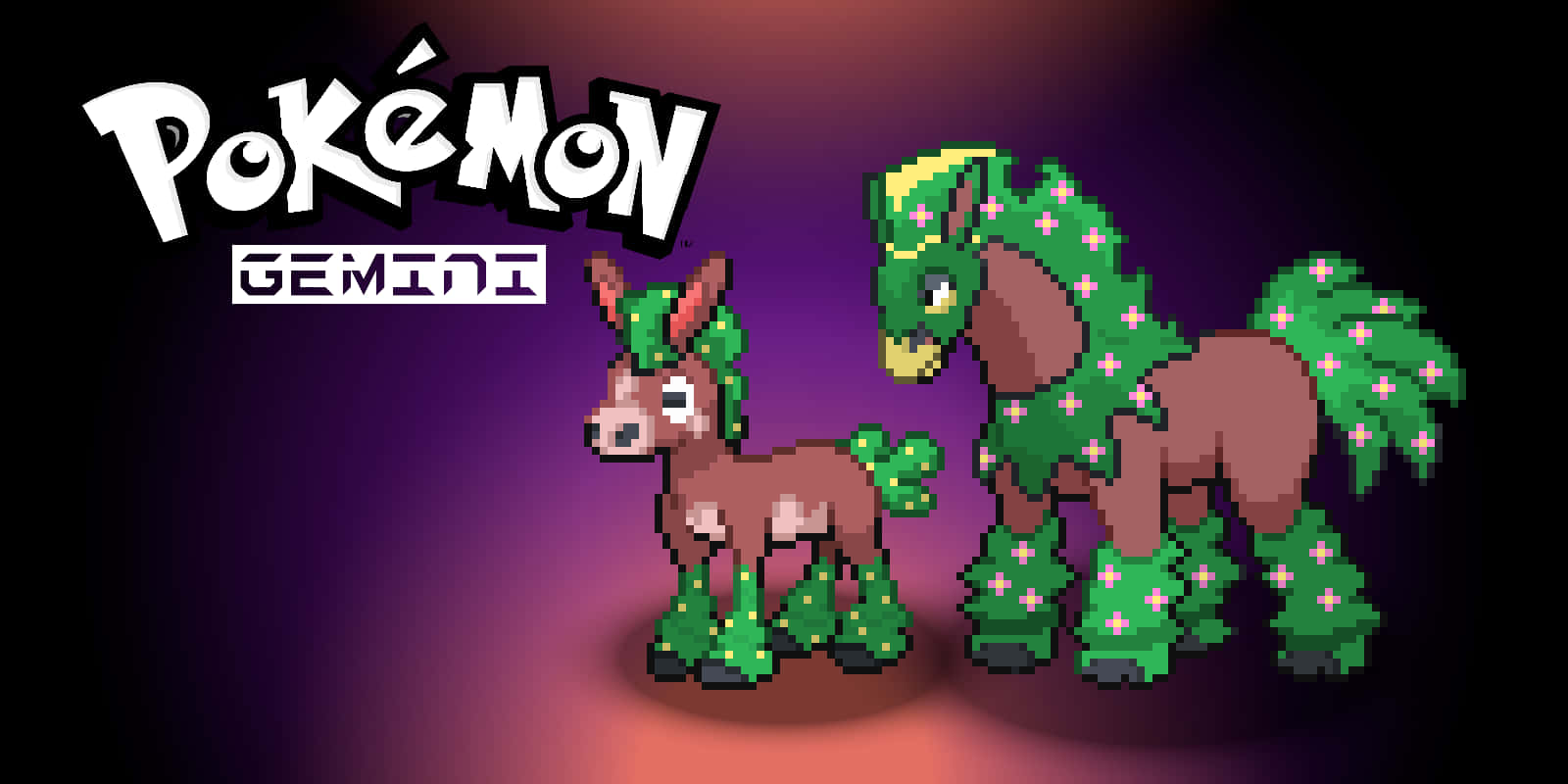 兩個像素化的寶可夢雙子座生物帶有綠色葉子圖案站在一起。