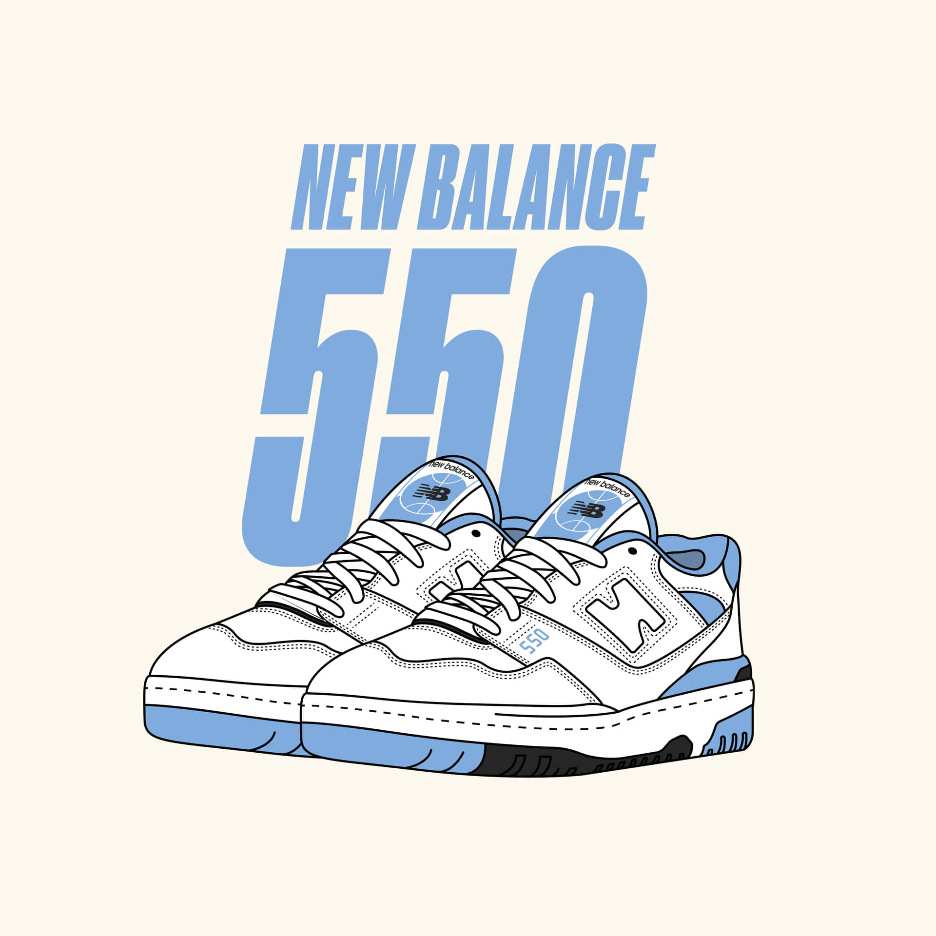 一雙白色和藍色New Balance 550運動鞋，帶有品牌標誌和型號。