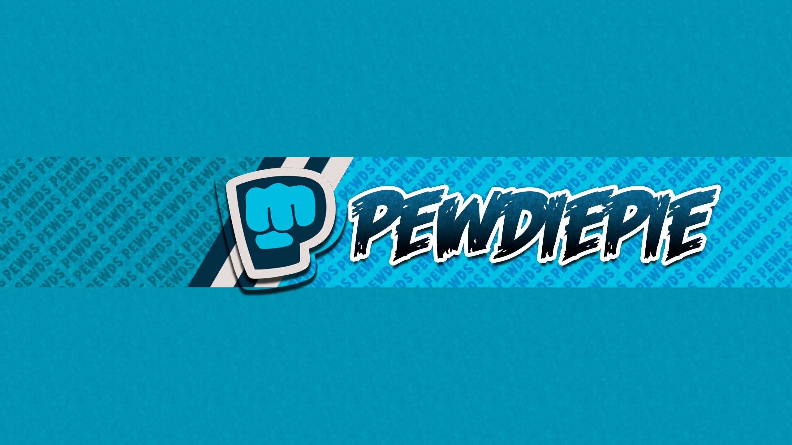 「與 PewDiePie 一同傳遞愛，經典 Brofist」 壁紙 — 一個大膽的藍色橫幅，上面有PewDiePie標誌、握緊拳頭圖標和重複的名字圖案，背景為純青色。
