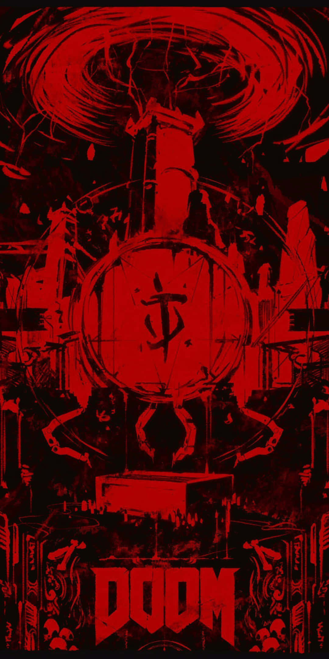 與 Pixel 3《Doom》展開壯闊冒險！ 壁紙 — 一張帶有威脅性的紅黑Doom主題海報，展示一個惡魔形象、旋轉的地獄能量，底部有DOOM字樣。