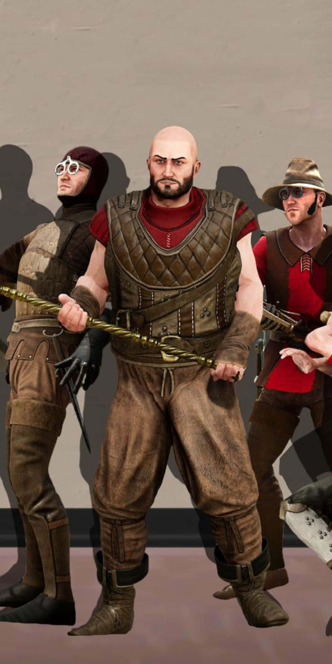 與 Pixel 3《Mordhau》一起探索新挑戰 壁紙 — 三名身穿皮甲的粗獷冒險者手持武器，在樸素的背景下準備就緒。