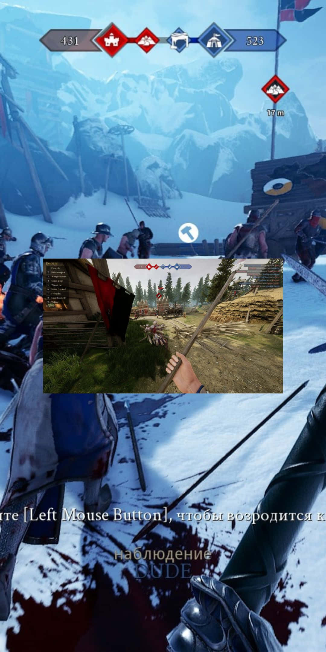 與 Pixel 3 Mordhau 一同感受熱血戰鬥 壁紙 — 第一人稱視角的雪地中世紀戰鬥場景，士兵揮舞武器，UI元素疊加。