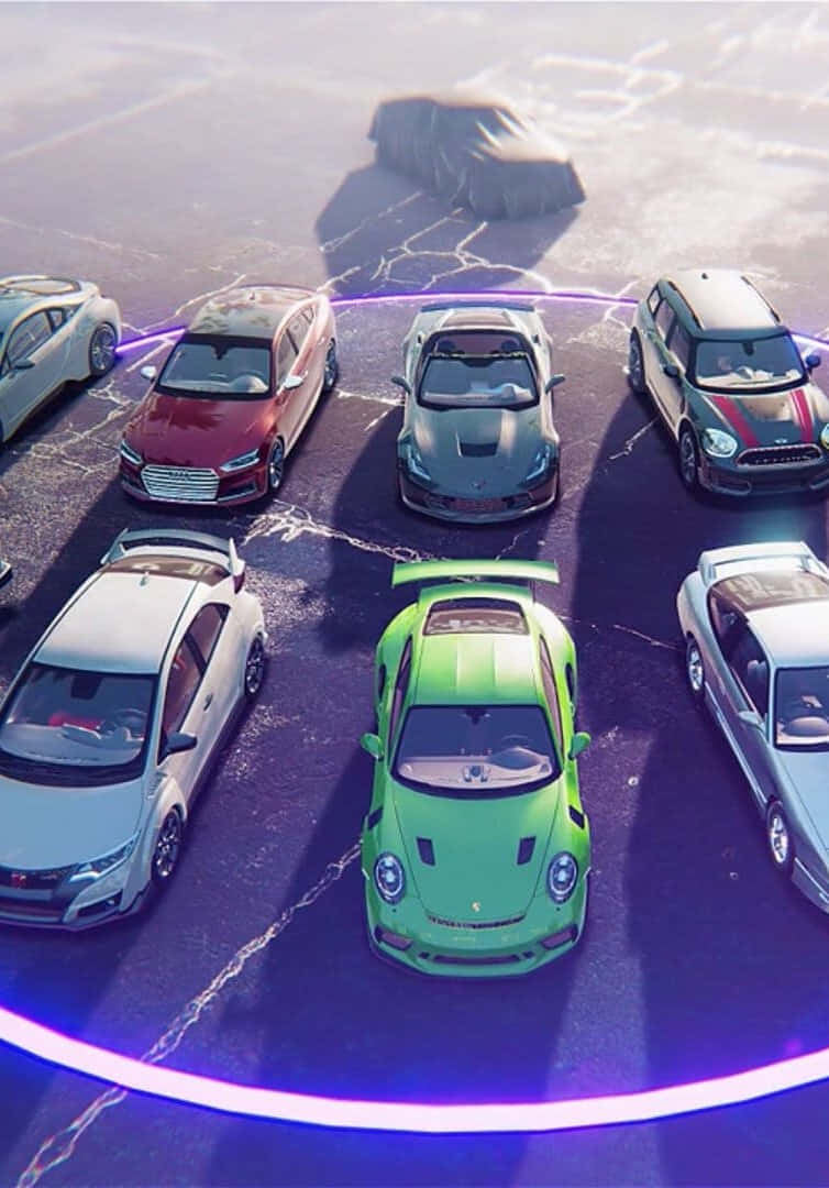 與 Pixel 3《Need for Speed Heat》背景一同體驗刺激遊戲冒險 壁紙 — 一輛充滿活力的綠色跑車位於豪華車中央，地面破裂，散發著霓虹紫色能量環的光芒。