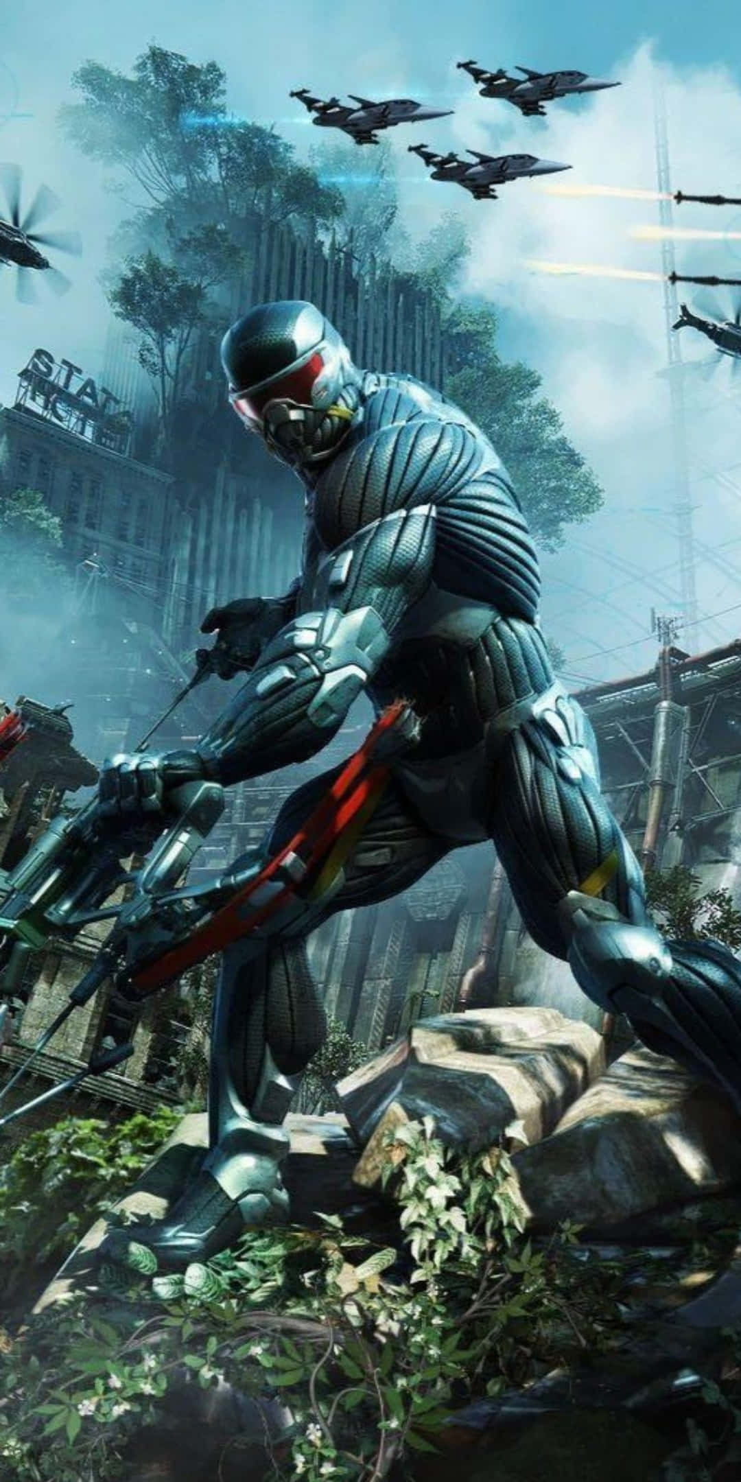 與 Pixel 3 一同投入戰場，體驗《Crysis 3》的巔峰風采 壁紙 — 一名身穿裝甲服的未來士兵蹲在瓦礫中，戰鬥機在廢墟城市上空飛過。