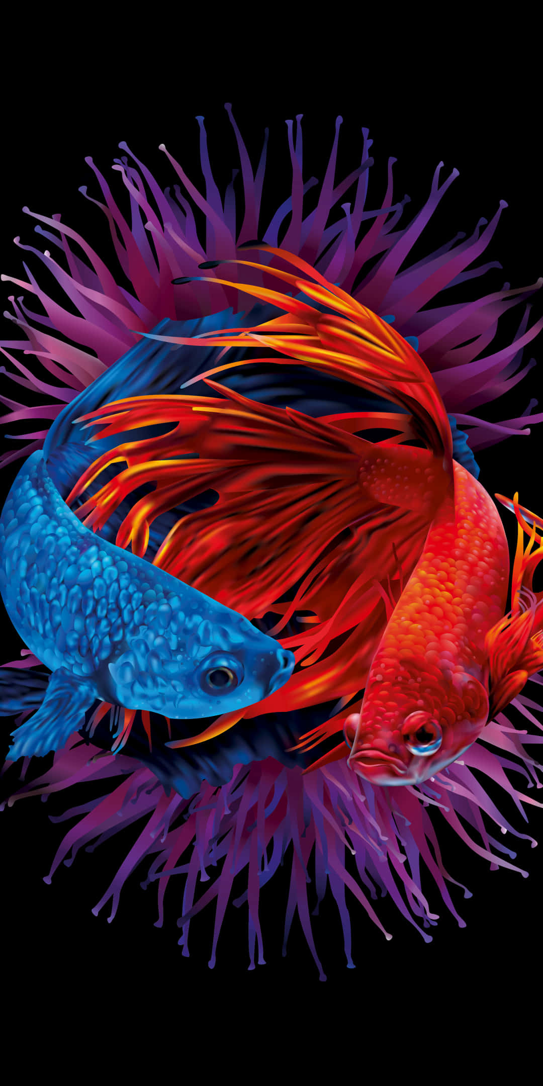 與 Pixel 3 一同探索深藍海洋 壁紙 — 鮮豔的藍色和火紅色的鬥魚在漆黑的背景下，優雅地在發光的紫色珊瑚間游動。
