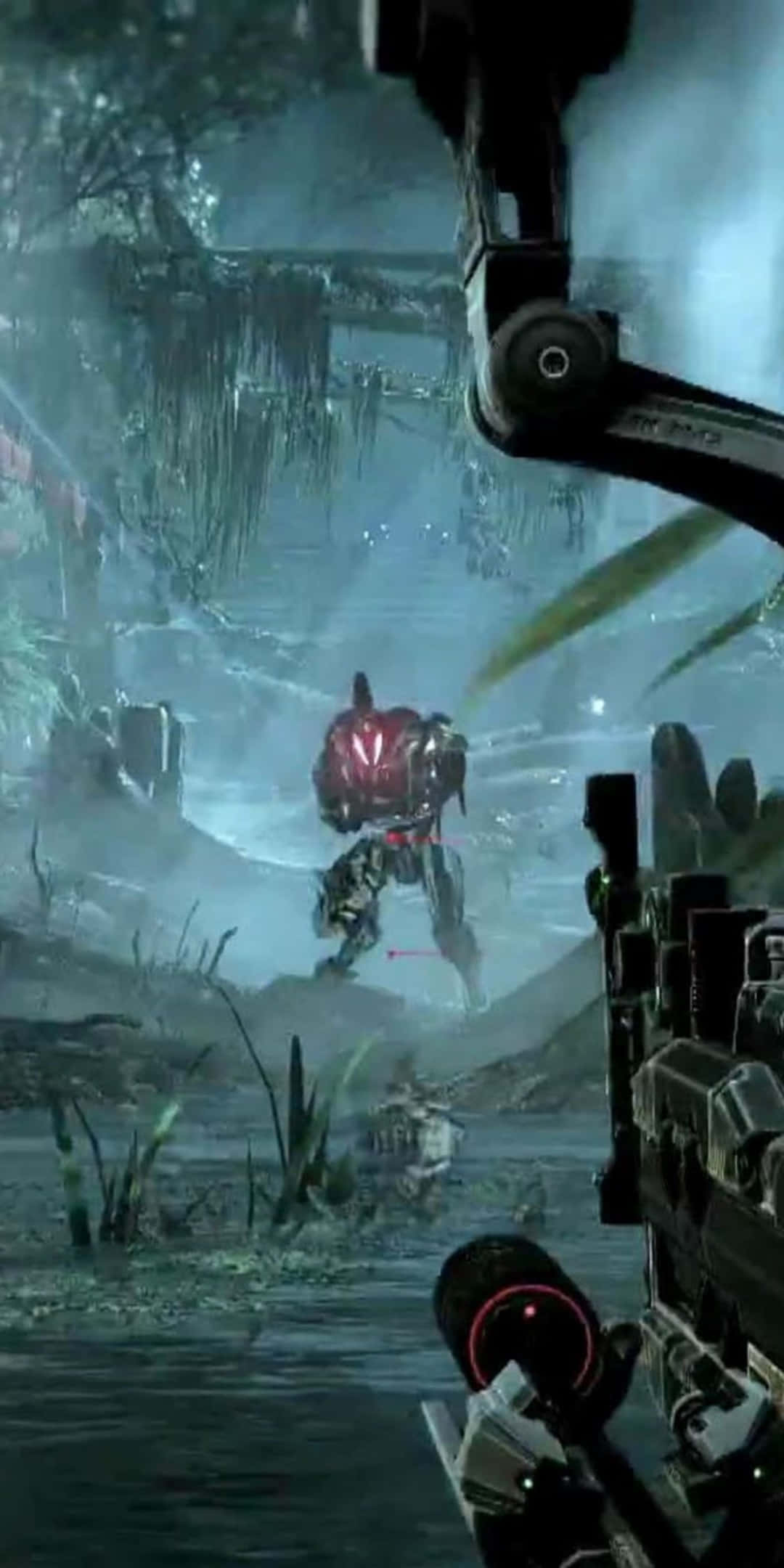 與 Pixel 3 與 Crysis 3 一同展開壯闊冒險 壁紙 — 第一人稱射擊視角瞄準霧氣沼澤環境中發光的紅色裝甲機械人。