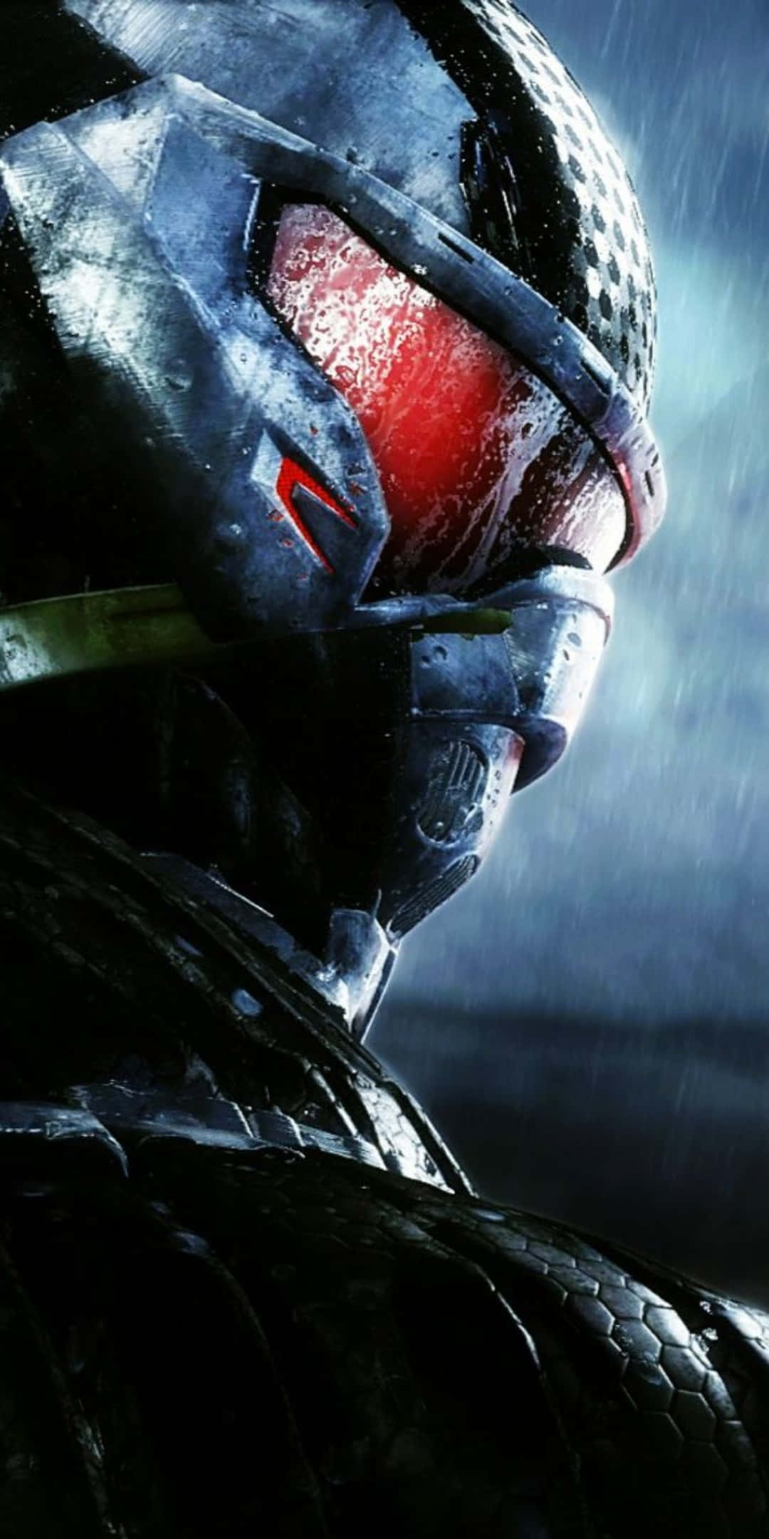 與 Pixel 3 與 Crysis 3 一同放鬆休憩 壁紙 — 一個未來裝甲戰士的特寫，在黑暗暴風雨中有一隻發光的紅色眼睛。