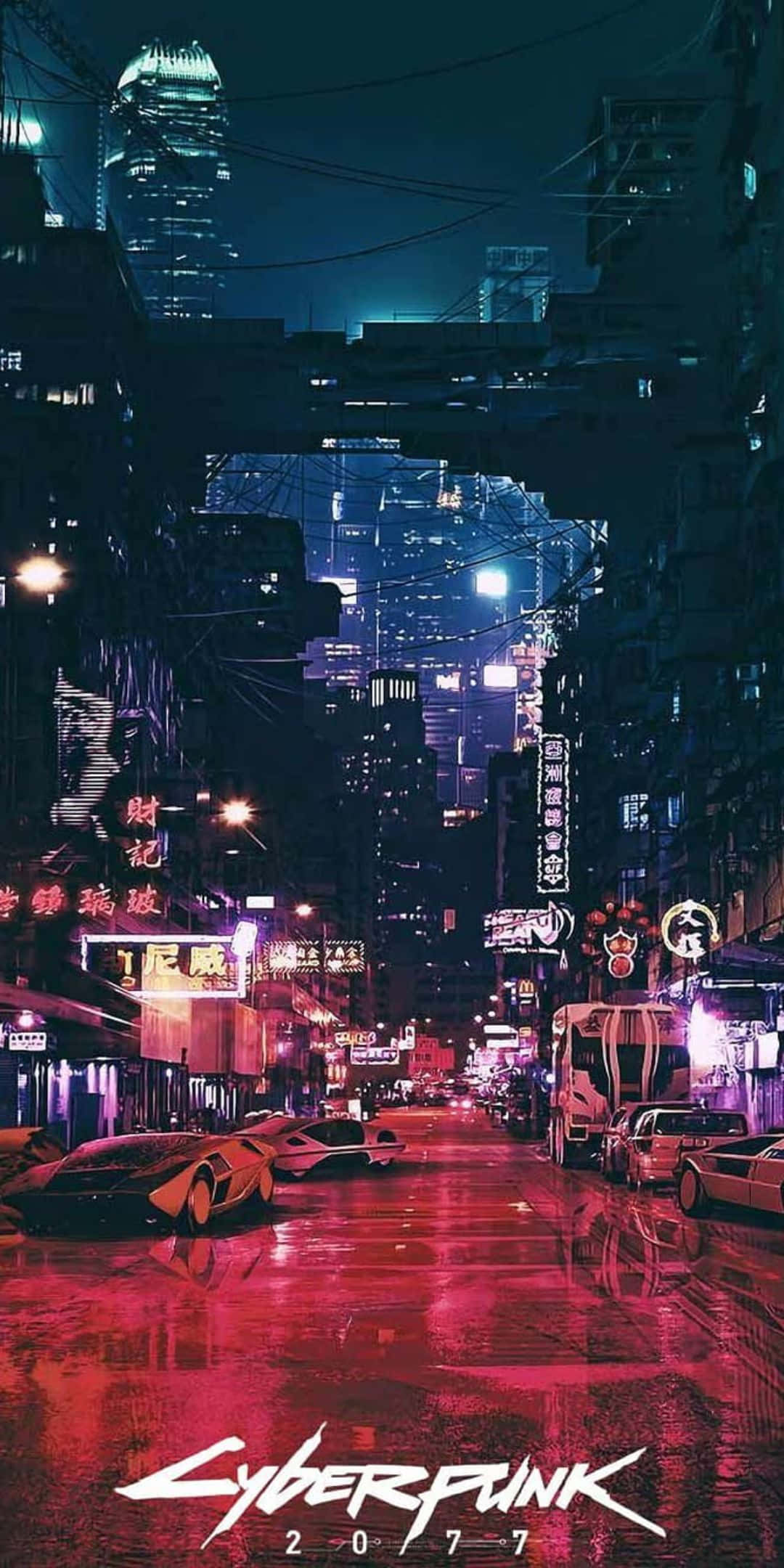與 Pixel 3 與《賽博朋克 2077》一起邁向未來遊戲時代 壁紙 — 一條充滿霓虹燈的 cyberpunk 城市街道，夜晚時分，雨水濕滑的路面反射著發光的招牌和高聳的摩天大樓。
