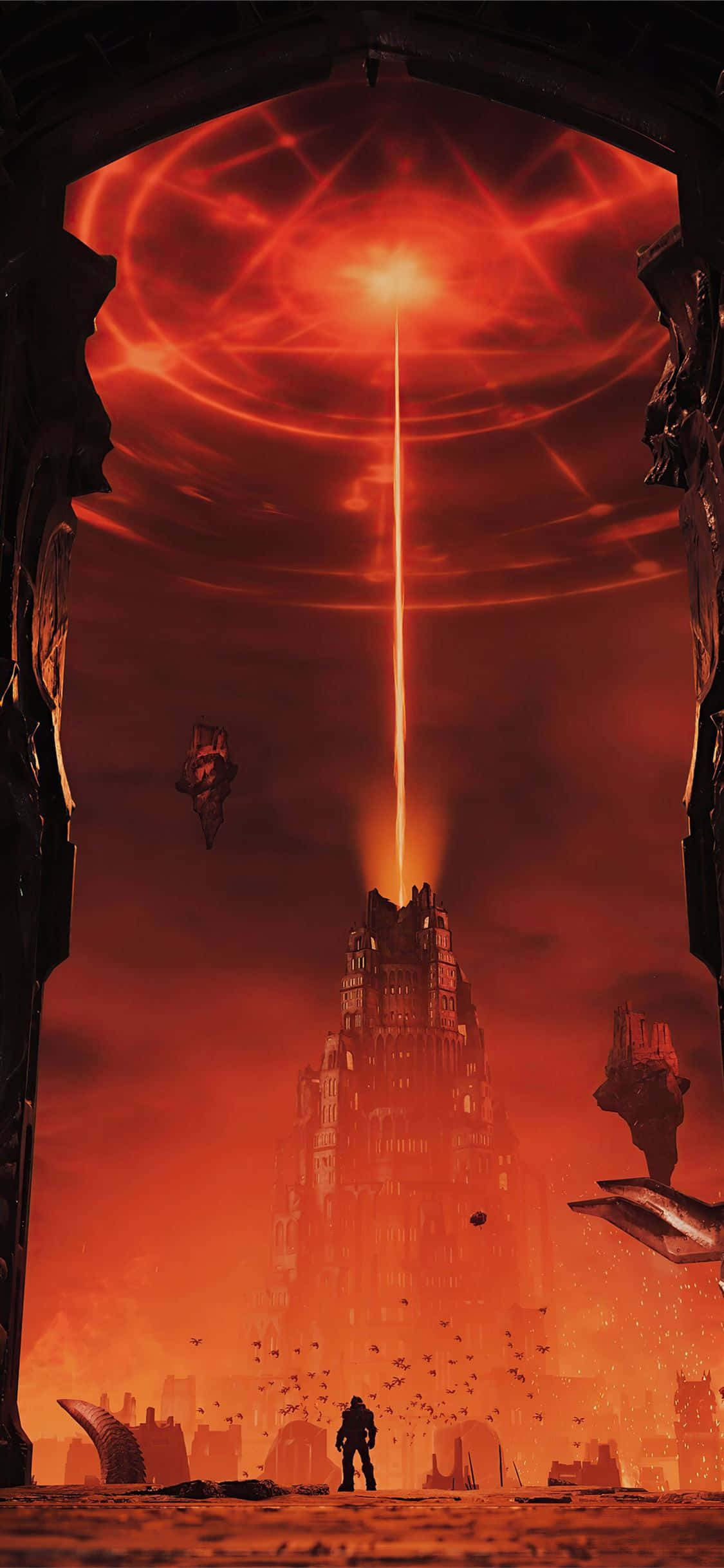 與 Pixel 3XL Doom 一同沉浸於精彩世界 壁紙 — 一個孤獨的身影站在一個巨大的拱門前，拱門框住了一座高聳的廢墟，被來自上方天體光束的熾熱紅光所沐浴。