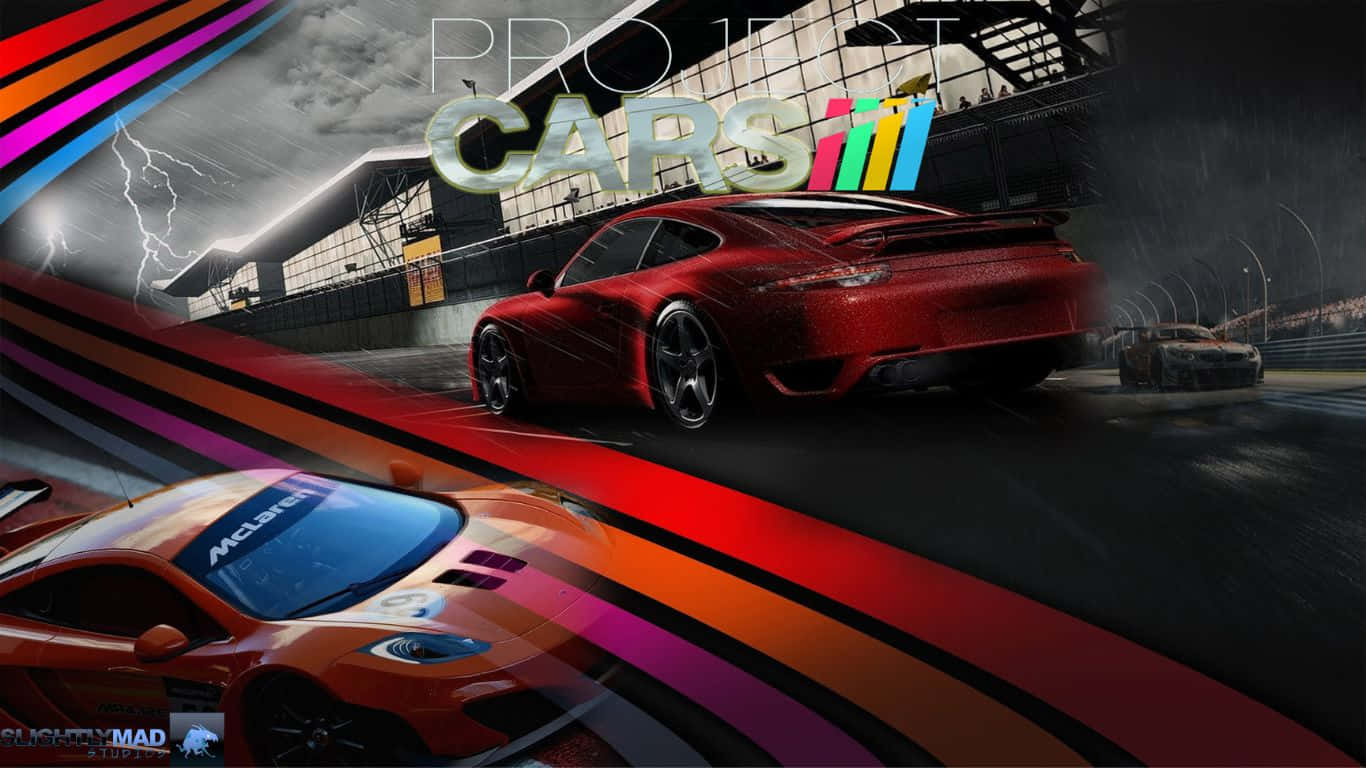 與 Project Cars 一同體驗刺激賽車 壁紙 — 一輛紅色跑車在暴風雨的天空下，伴隨著閃電和充滿活力的運動條紋，在潮濕的賽道上奔馳。