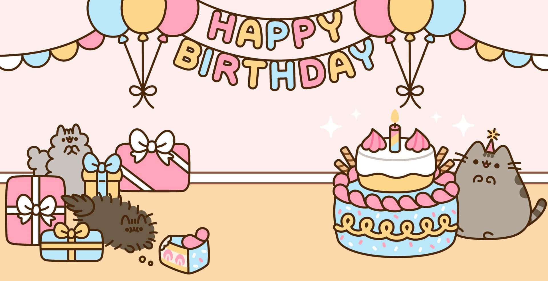 Pusheen 和朋友們在生日派對上，有蛋糕、氣球和禮物。
