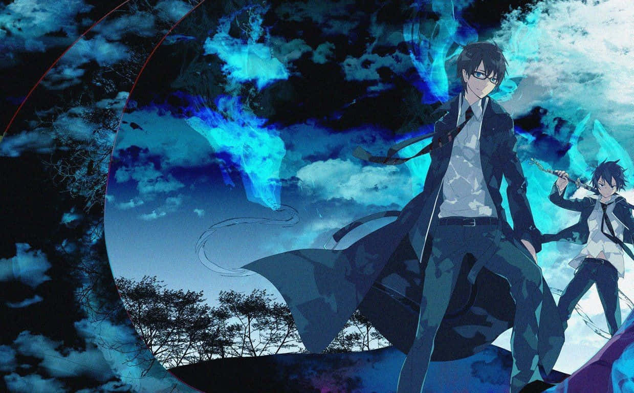 與 Rin Okumura 一同展開《藍色監獄》的動作冒險 壁紙 — 兩個穿著深色外套的動畫男孩站在旋轉的藍色和黑色宇宙天空前，散發著發光的能量。