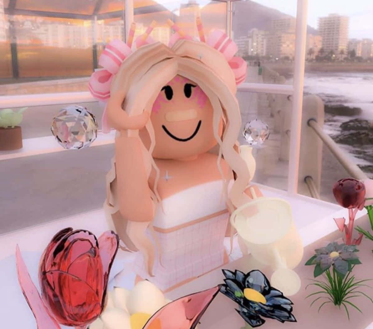 Roblox頭像，粉紅色頭髮和皇冠，在日落陽台上，帶玻璃裝飾。