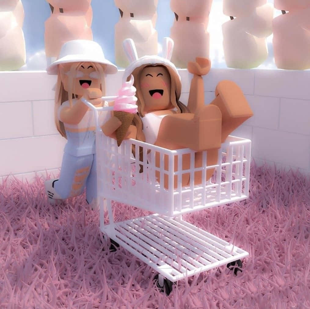 兩個Roblox角色在粉紅色草地上愉快地推著裝有雪糕的購物車。
