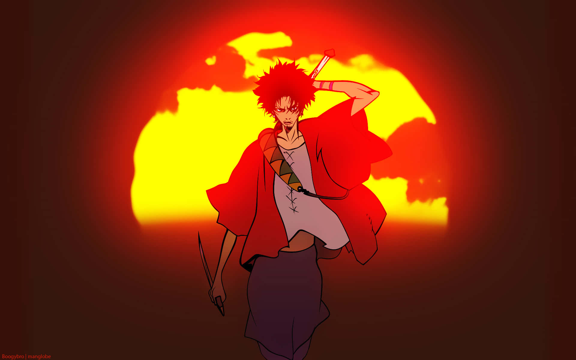 與《Samurai Champloo》一同尋找內在平靜 壁紙 — 一位紅髮動漫戰士身穿紅色斗篷，手持劍，在熾熱的夕陽天空下傲然挺立。