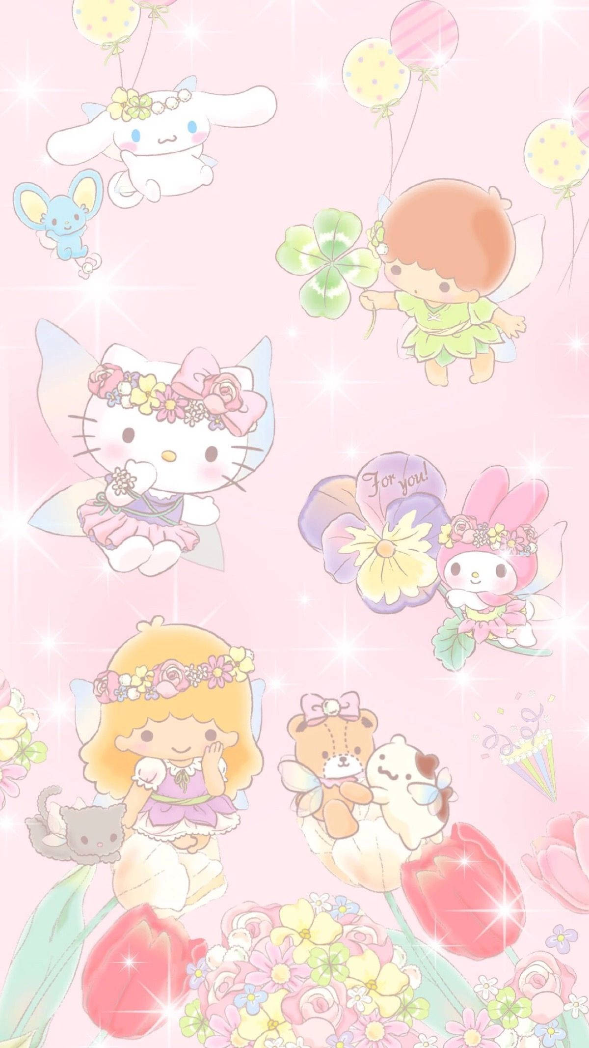 與 Sanrio 的精靈朋友成為好友！ 壁紙 — 粉紅色粉彩牆紙，上面有可愛的動漫角色，如Hello Kitty和My Melody，拿著氣球和花朵，帶有閃爍效果。
