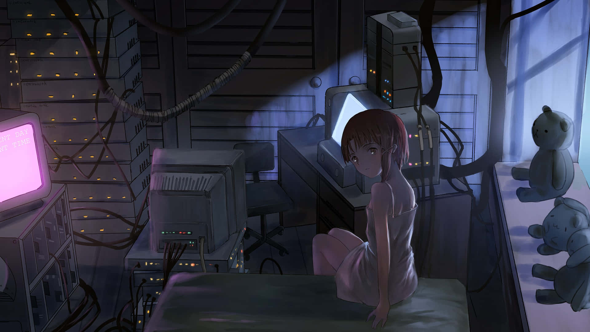 動漫女孩坐在伺服器機房，被發光的電腦和泰迪熊包圍。